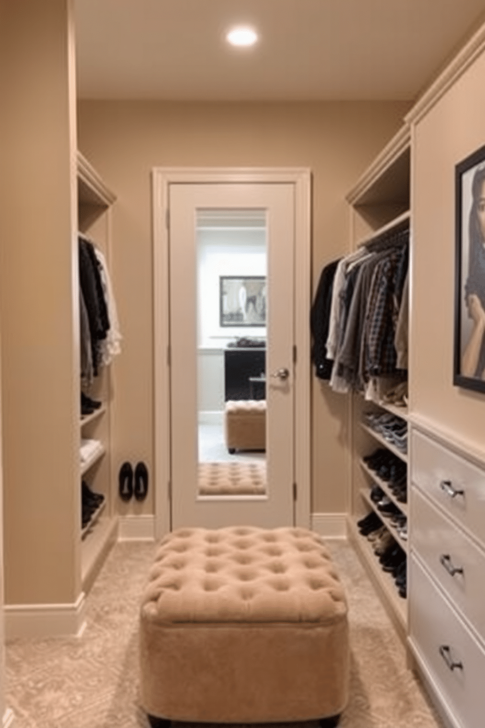 A stylish small walk-in closet featuring a full-length mirror mounted on the back of the door. The walls are painted in a soft beige, with built-in shelving on one side to display shoes and accessories, while a plush ottoman sits in the center for comfort.