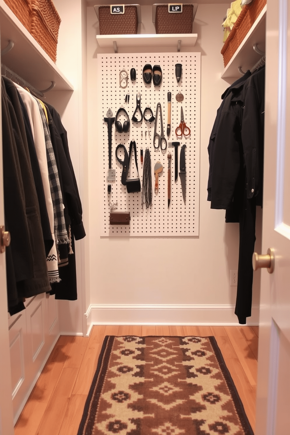 A small walk-in closet features a pegboard wall for versatile organization, allowing for easy access to accessories and tools. The floor is finished with light hardwood, and a stylish area rug adds warmth to the space, enhancing its cozy atmosphere.