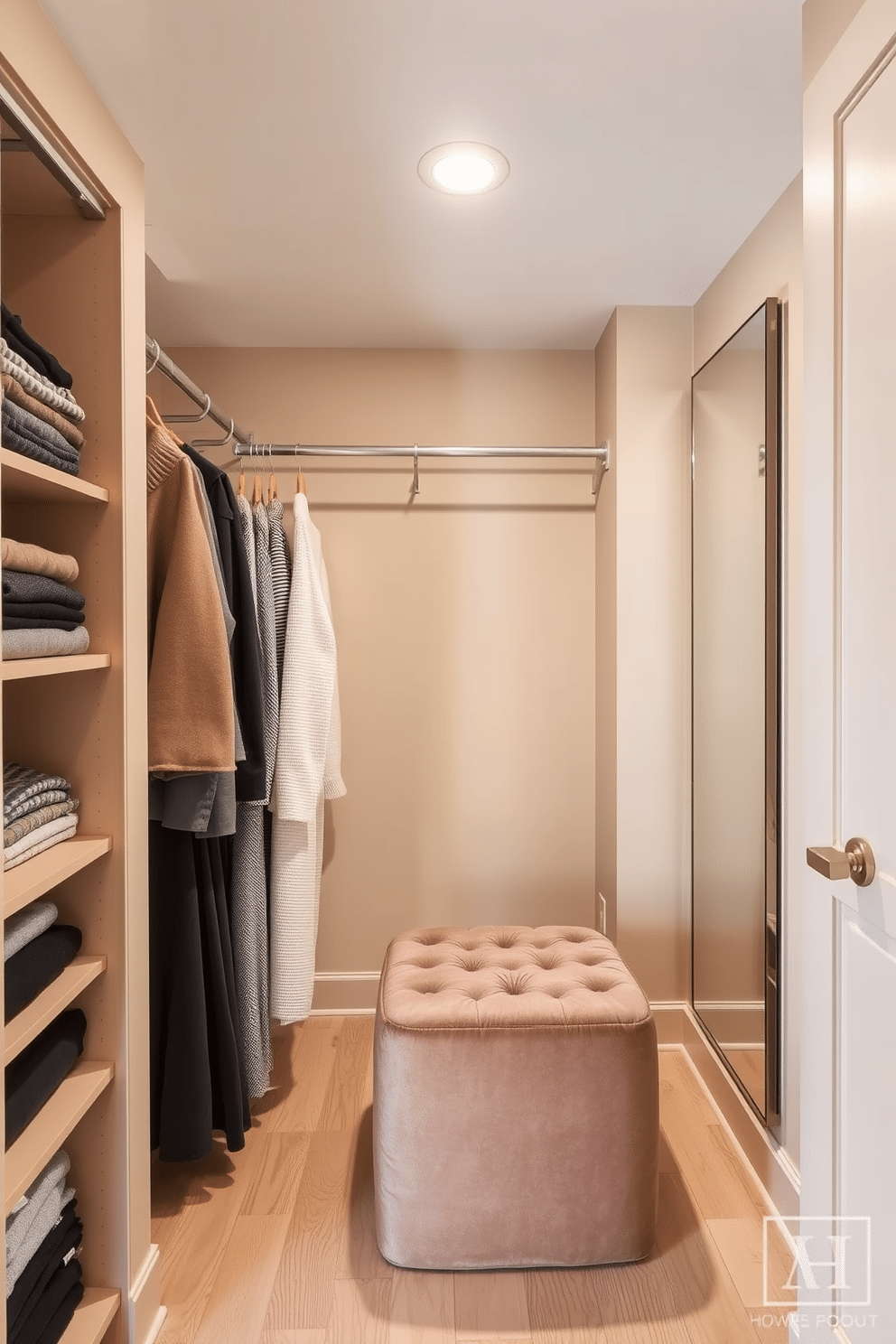 A small walk-in closet features a clothing rod installed at varying heights to accommodate different garment lengths, maximizing storage efficiency. The walls are painted in a soft beige, and the floor is adorned with light wood planks, creating a warm and inviting atmosphere. On one side, open shelving displays neatly folded sweaters and accessories, while on the opposite wall, a full-length mirror enhances the space. A plush ottoman sits in the center, providing a comfortable spot for dressing and adding a touch of elegance.