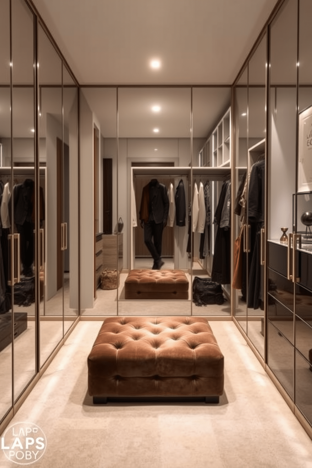 A small walk-in closet featuring mirrored doors creates an illusion of spaciousness and elegance. The design includes built-in shelving on one side, with a plush ottoman in the center for comfort and convenience.