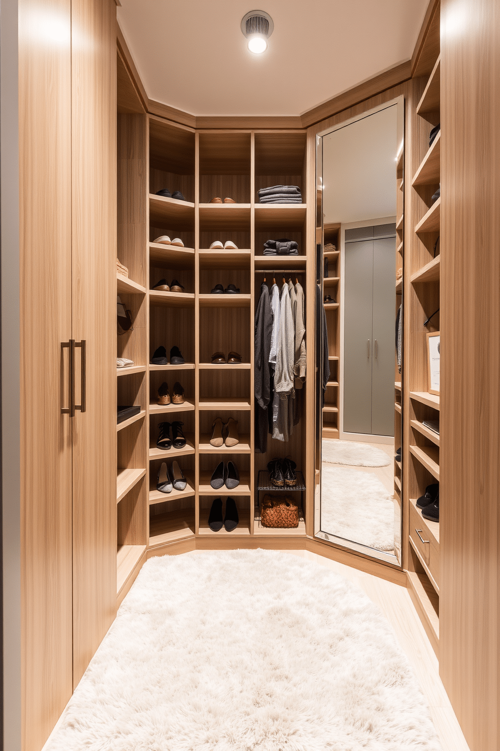 A small walk-in closet featuring elegant shelving made of light wood, providing ample space for shoes and accessories. A plush area rug in a soft neutral tone lies underfoot, adding comfort and style to the space. The closet includes a full-length mirror framed in brushed nickel, enhancing the modern aesthetic. Soft, ambient lighting illuminates the area, creating a warm and inviting atmosphere.