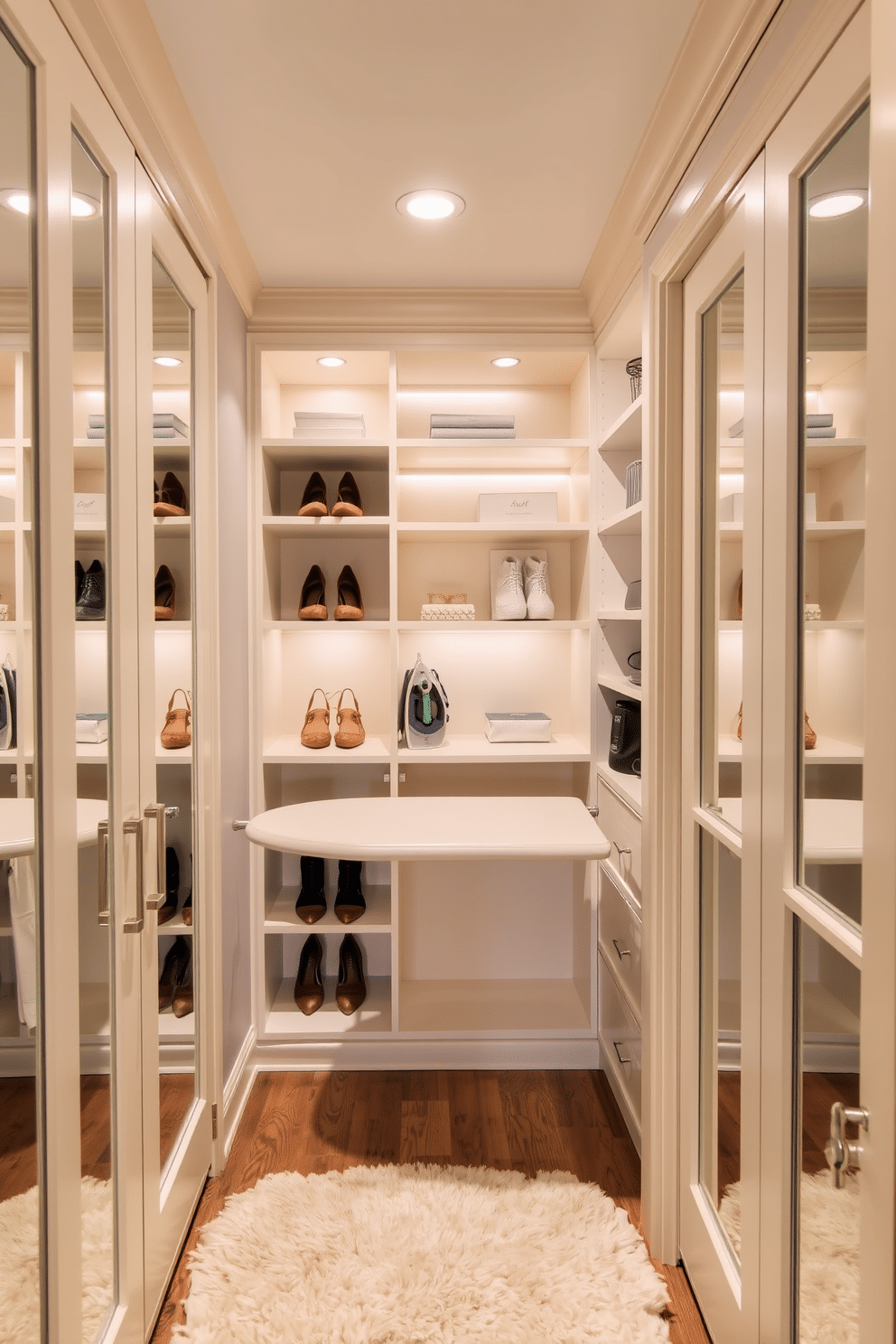 A small walk-in closet features a fold-down ironing board integrated into the cabinetry, maximizing space efficiency. The design includes custom shelving for shoes and accessories, with soft ambient lighting illuminating the organized layout. The walls are painted in a soft, neutral tone, creating a serene atmosphere, while a plush area rug adds warmth underfoot. Mirrored doors reflect light and enhance the feeling of openness, making the closet both functional and inviting.