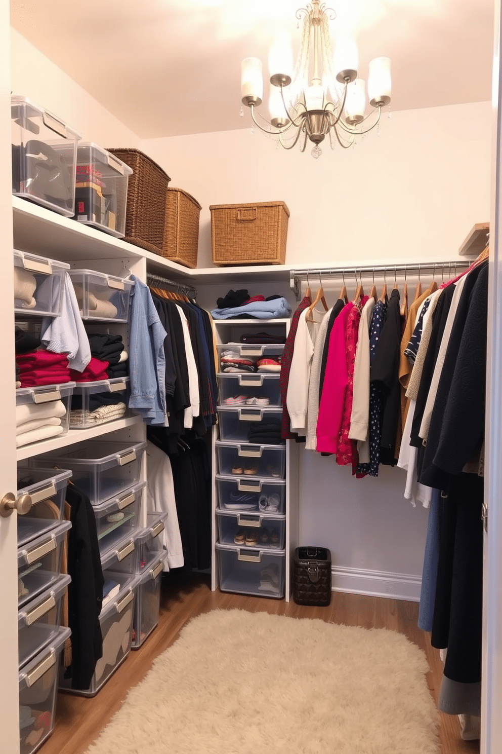 A small walk-in closet featuring clear bins for easy visibility and access, organized by color and type of clothing. The walls are painted a soft white, and a plush area rug adds warmth to the space, while a stylish chandelier provides elegant lighting.