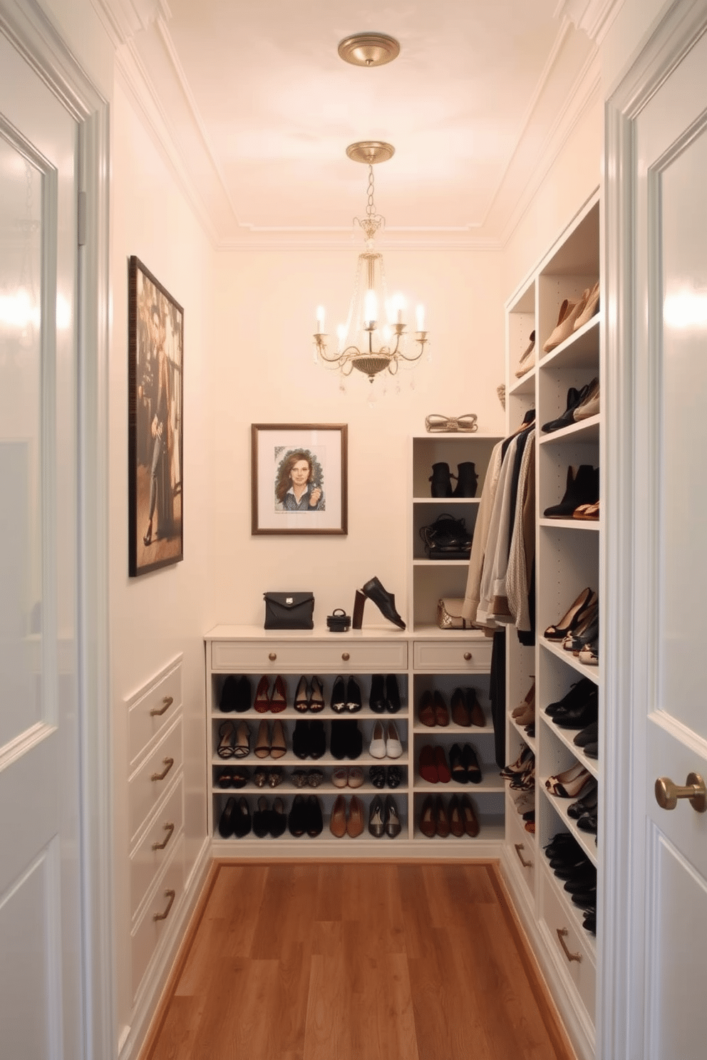 A small walk-in closet featuring elegant design elements. The walls are painted in a soft cream color, and the flooring is a light hardwood that adds warmth to the space. Shelving is arranged neatly along one side, displaying an organized collection of shoes and accessories. A small chandelier hangs from the ceiling, providing a touch of sophistication and enhancing the overall ambiance.