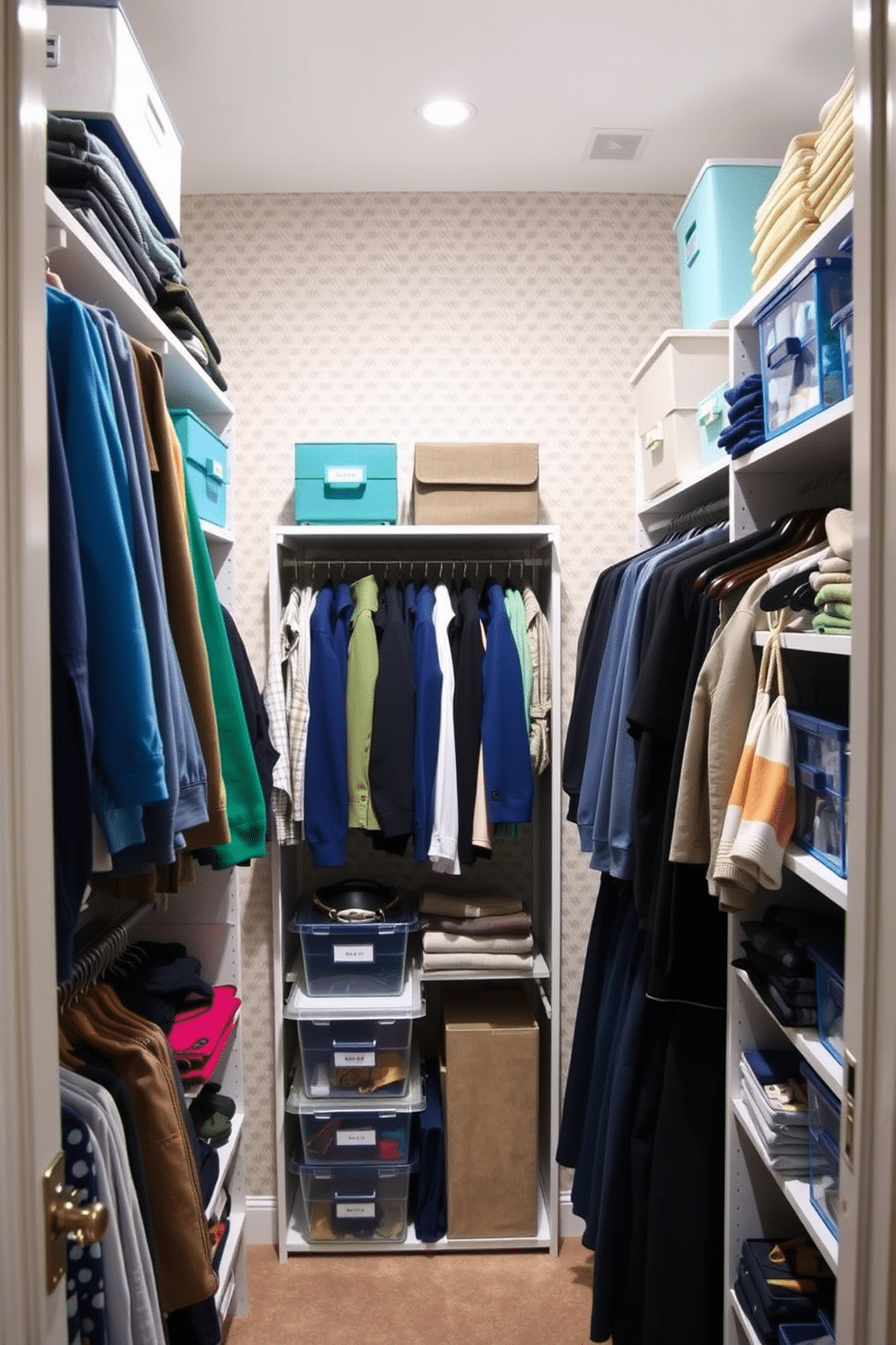 A small walk-in closet featuring a color-coded organization system. Shelves are lined with neatly arranged clothing in shades of blue, green, and neutral tones, while accessories are displayed in clear bins labeled for easy access. The closet includes a full-length mirror mounted on the back of the door, enhancing the sense of space. Soft, ambient lighting illuminates the area, highlighting the textured wallpaper in a subtle pattern that complements the organized layout.