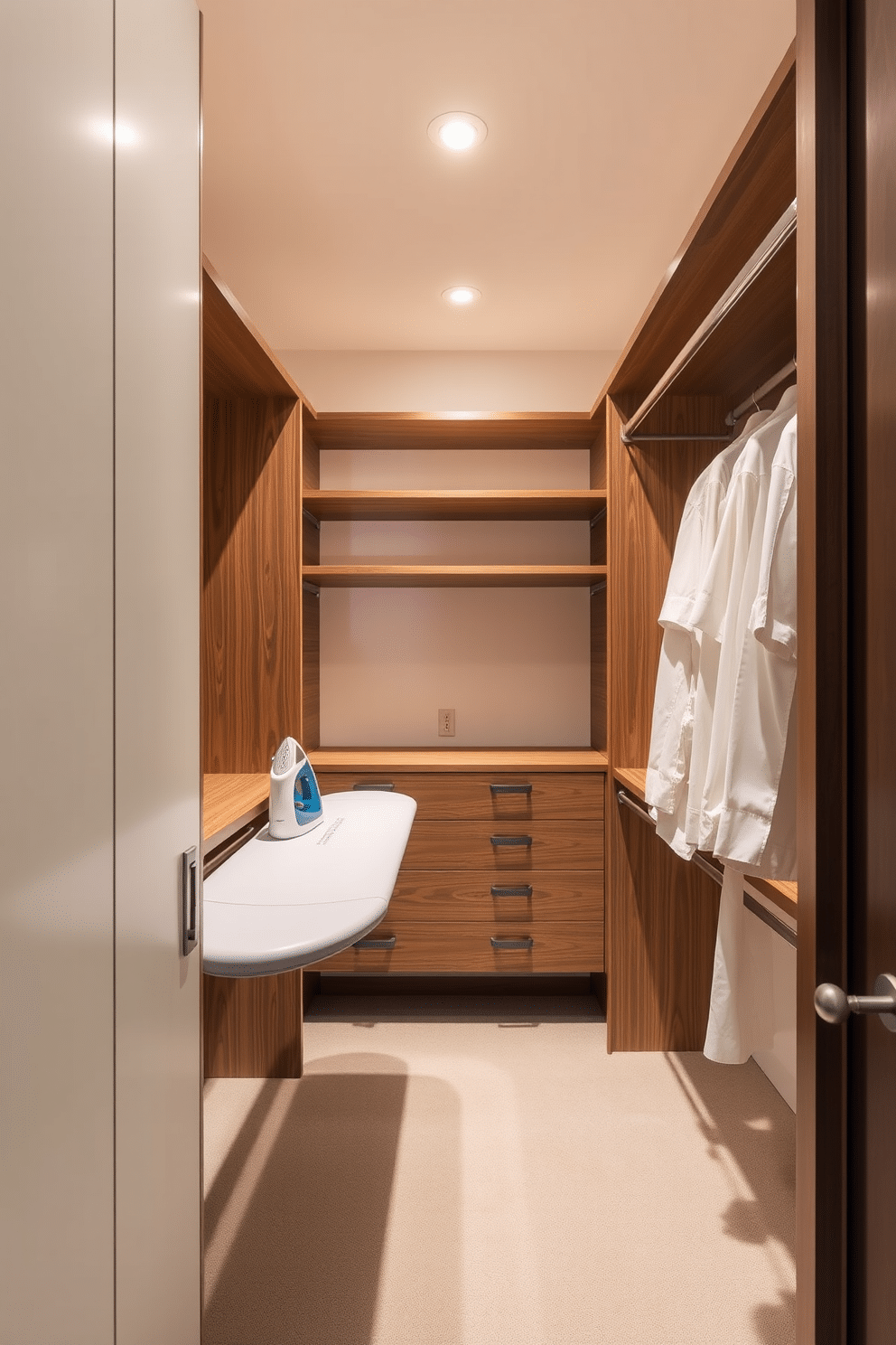 A small walk-in closet featuring a pull-out ironing board seamlessly integrated into the design. The space is illuminated by soft, recessed lighting, highlighting custom shelving and hanging rods made from rich wood.