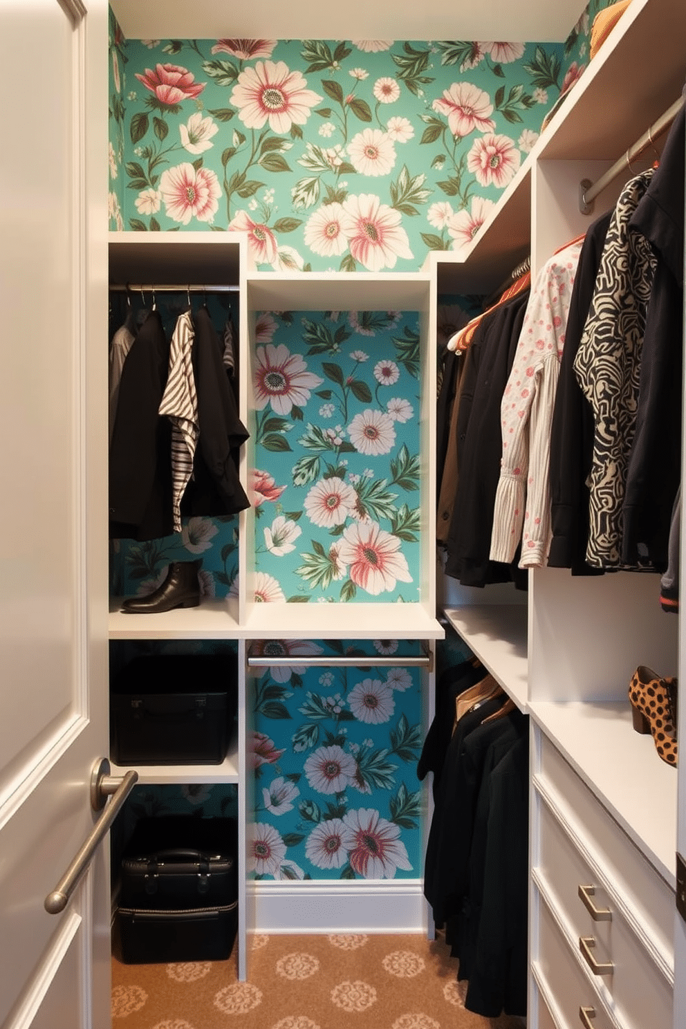 A small walk-in closet featuring a bold floral wallpaper that adds a pop of personality to the space. The closet is designed with custom shelving and hanging rods, utilizing every inch for optimal organization and style.