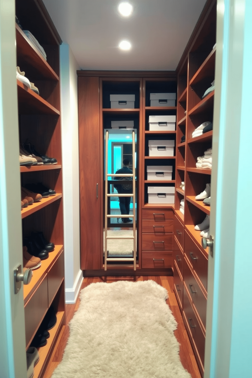 A cozy small walk-in closet features a compact layout with shelves on either side, providing ample storage for shoes and accessories. A small ladder is positioned against the back wall, allowing easy access to high storage spaces filled with neatly organized boxes. Soft, ambient lighting illuminates the space, highlighting the rich wood tones of the built-in cabinetry. A plush area rug adds warmth underfoot, while a full-length mirror reflects the stylish organization of the closet.