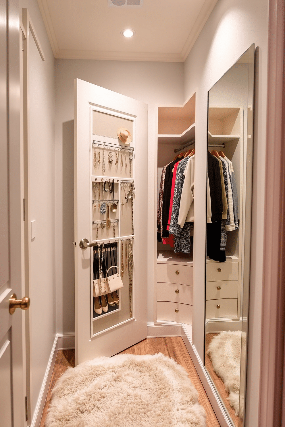 A small walk-in closet featuring a sleek jewelry organizer mounted on the door. The space is illuminated by soft, recessed lighting, highlighting the elegant shelving and hanging options. The walls are painted in a soft pastel hue, creating a calming atmosphere. A plush area rug adds warmth underfoot, while a full-length mirror enhances the sense of space.