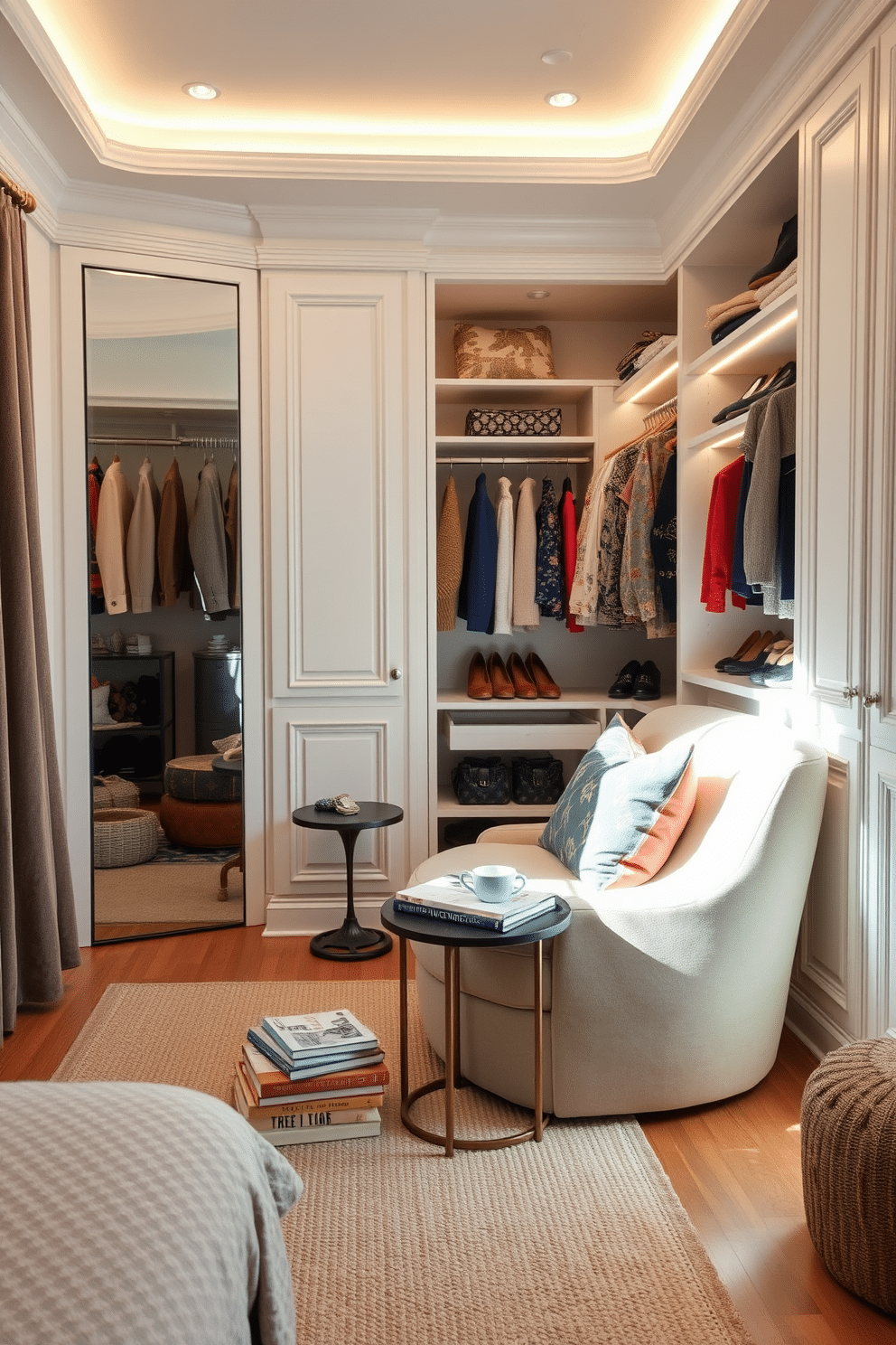 A cozy nook with cushions and pillows is nestled in a sunlit corner of the room, featuring a plush, oversized armchair surrounded by an assortment of colorful throw pillows. A small side table holds a stack of books and a steaming cup of tea, while a soft, woven rug adds warmth underfoot. The small walk-in closet is designed with elegant built-in shelving and hanging space, maximizing storage while maintaining an open feel. Soft LED lighting illuminates the space, highlighting neatly organized shoes and accessories, with a full-length mirror reflecting the stylish interior.