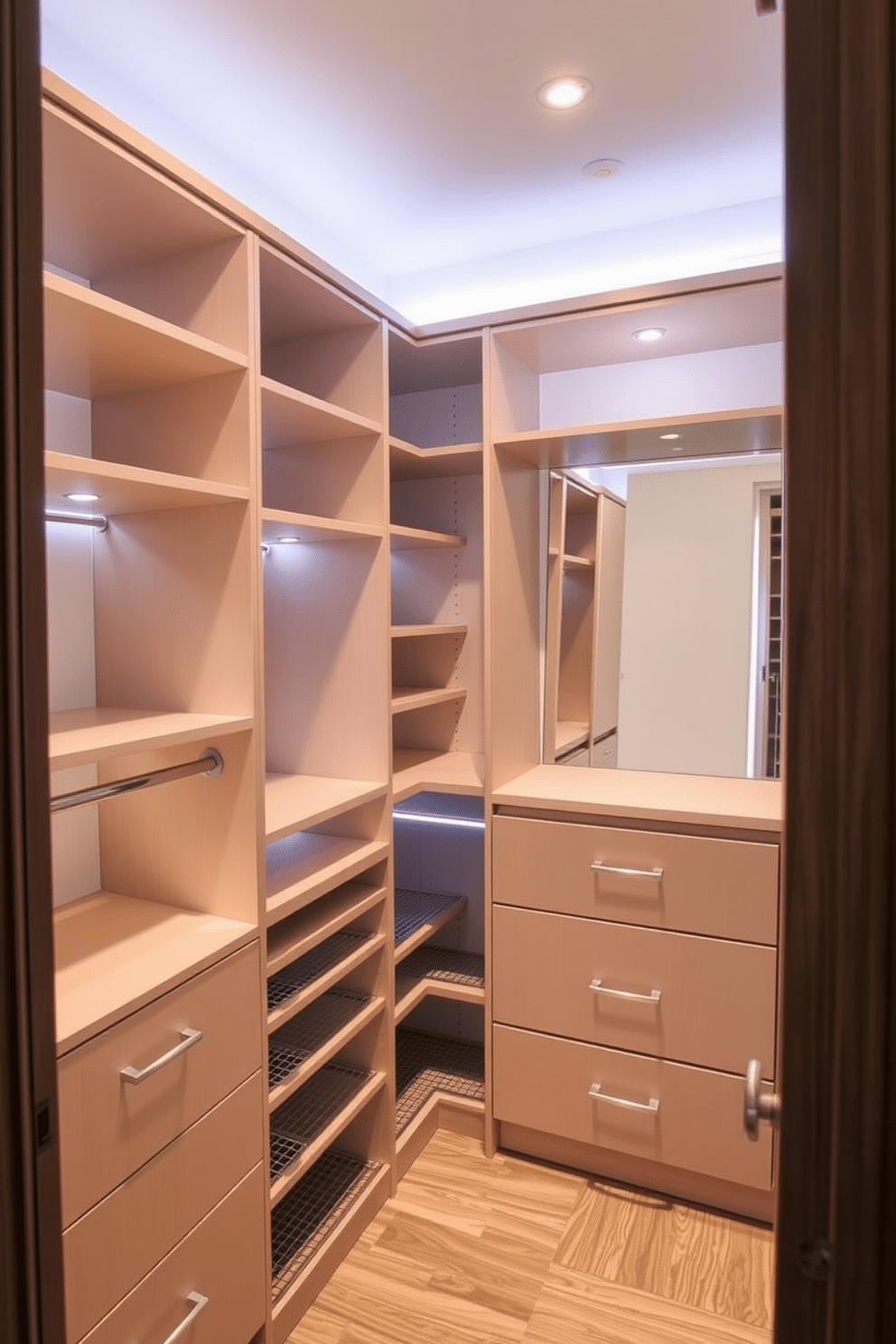 A small walk-in closet features adjustable shelving that allows for personalized organization and flexibility. The design includes a combination of hanging rods and open shelves, maximizing storage while maintaining an airy feel. Soft, ambient lighting illuminates the space, highlighting the sleek cabinetry and polished finishes. A full-length mirror is strategically placed to enhance the sense of openness and functionality.