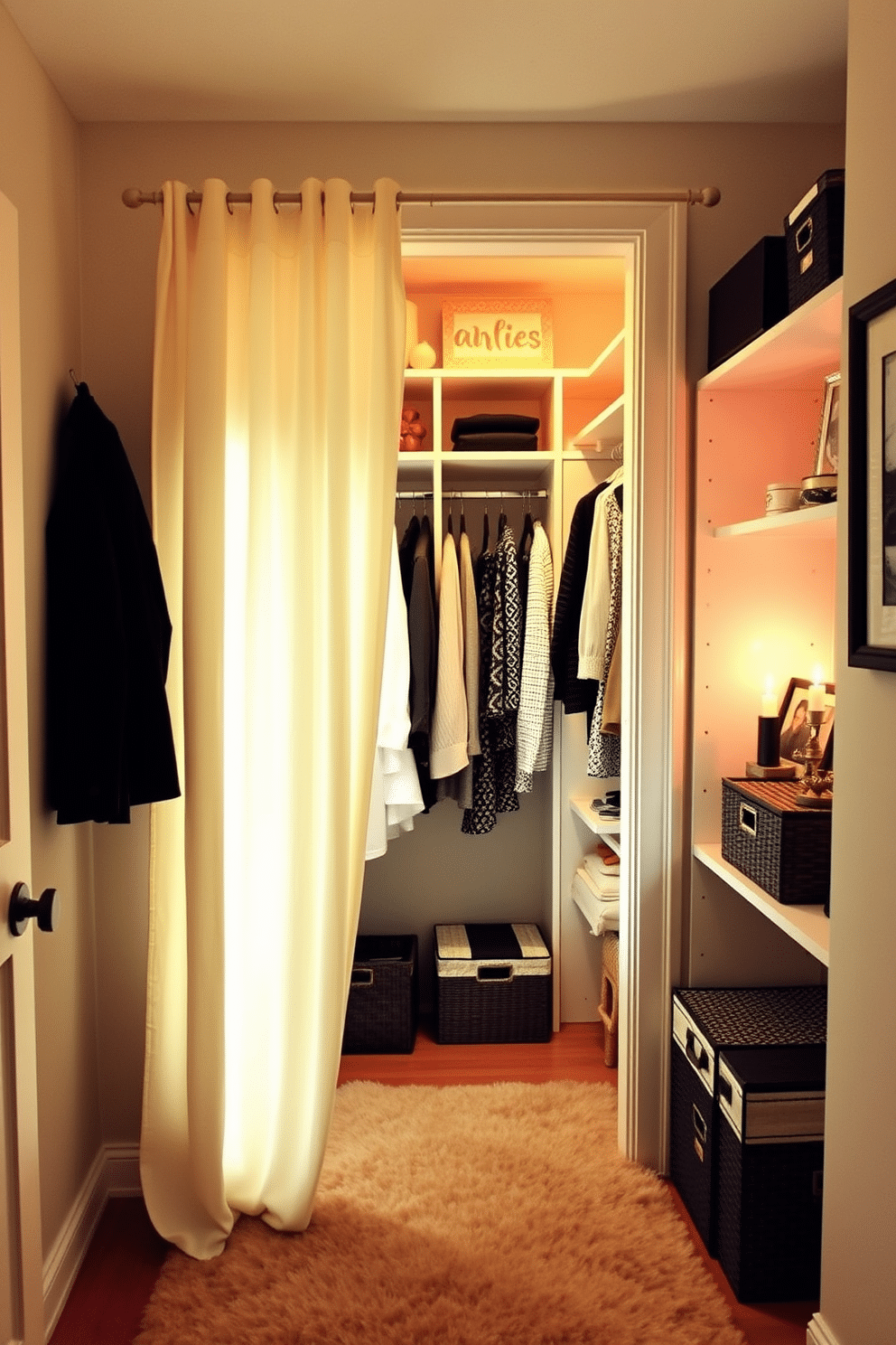 A cozy small walk-in closet design features a soft, flowing curtain that replaces a traditional door, creating an inviting entrance. Inside, built-in shelving and hanging rods maximize space, while warm lighting highlights the carefully organized accessories and clothing. The walls are painted in a light, neutral color that enhances the sense of openness, and a plush area rug adds comfort underfoot. Decorative elements like framed art and stylish storage bins contribute to a chic and personalized atmosphere.