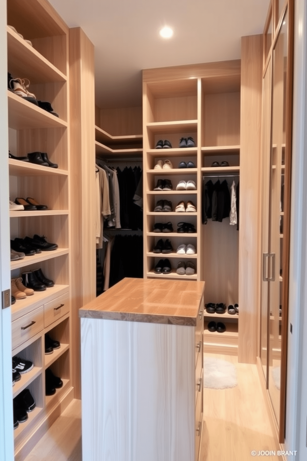 A small walk-in closet featuring a central island for extra storage, crafted from light wood with a polished countertop. The walls are lined with built-in shelves, and a full-length mirror is mounted on one side, reflecting the organized space filled with neatly arranged shoes and accessories.