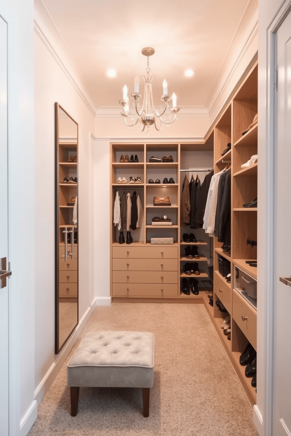 A small walk-in closet featuring soft white walls and light oak shelving creates an airy atmosphere. The floor is adorned with a light gray carpet, and a chic chandelier hangs from the ceiling, adding a touch of elegance. Incorporate a full-length mirror on one side to enhance the sense of space, while built-in lighting highlights the neatly organized shoes and accessories. A cozy seating area with a plush ottoman invites relaxation, making it a perfect spot for getting dressed.