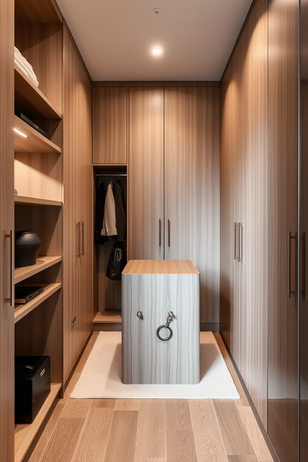 A small walk-in closet featuring sleek, modern design elements. The walls are lined with light wood cabinetry, providing ample storage, while a central island with hooks for bags and accessories adds functionality and style.