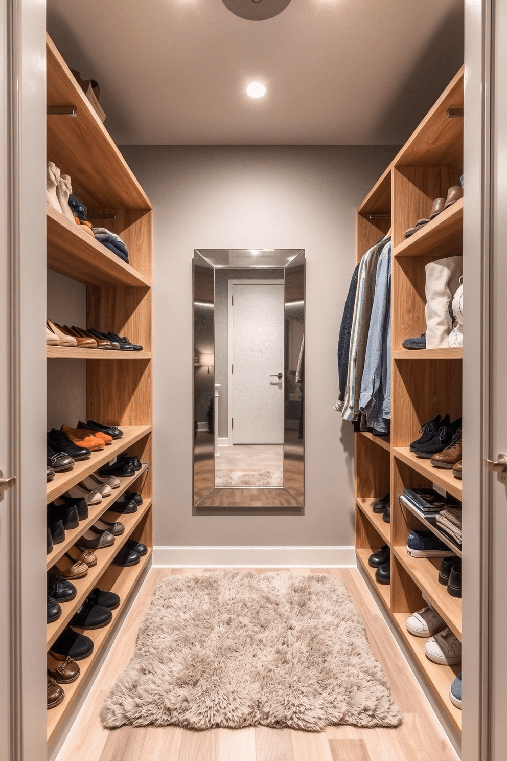 A small walk-in closet features corner shelving that maximizes storage space while maintaining an organized aesthetic. The shelves are crafted from light wood, creating a warm contrast against the soft gray walls, with neatly arranged shoes and accessories displayed for easy access. In the center, a full-length mirror is framed in brushed nickel, enhancing the sense of openness in the compact area. A plush area rug in a neutral tone adds comfort underfoot, while stylish lighting fixtures illuminate the space, highlighting the curated wardrobe.