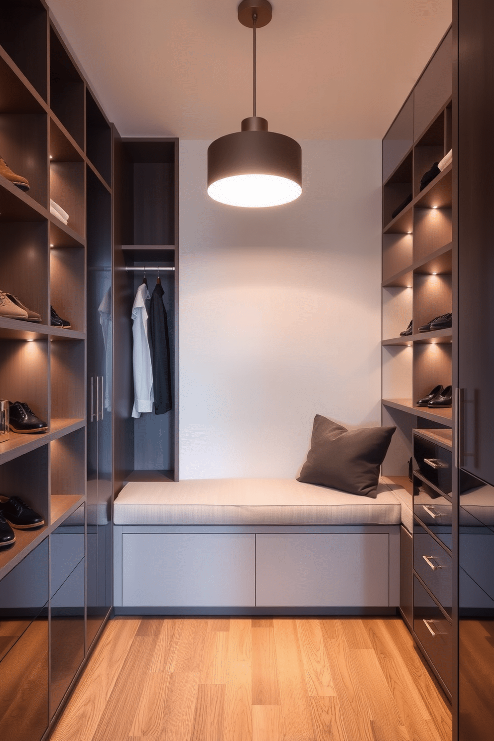 A small walk-in closet features a sleek design with a built-in bench for seating and storage, upholstered in a soft, neutral fabric. The walls are adorned with elegant shelving units that display shoes and accessories, while a stylish pendant light illuminates the space, creating a warm and inviting atmosphere.