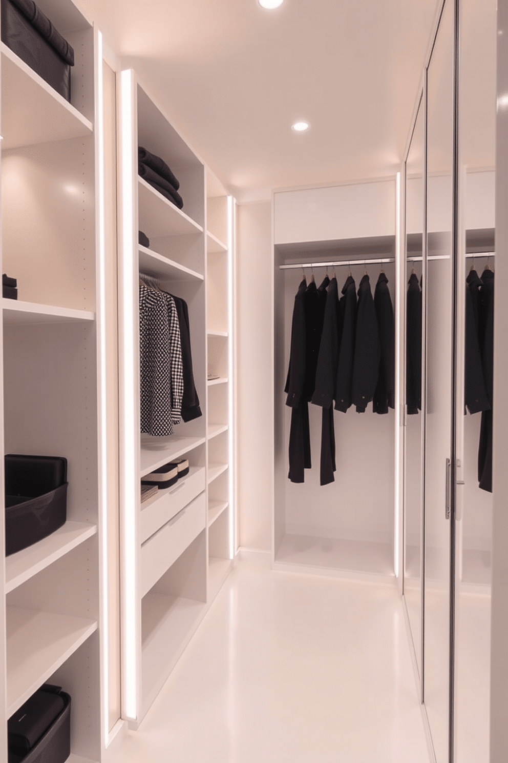 A small walk-in closet design featuring sleek built-in shelving and hanging space, illuminated by warm LED strip lights along the edges. The walls are painted a soft white, and a large mirror is positioned to reflect the light, creating an open and airy feel.