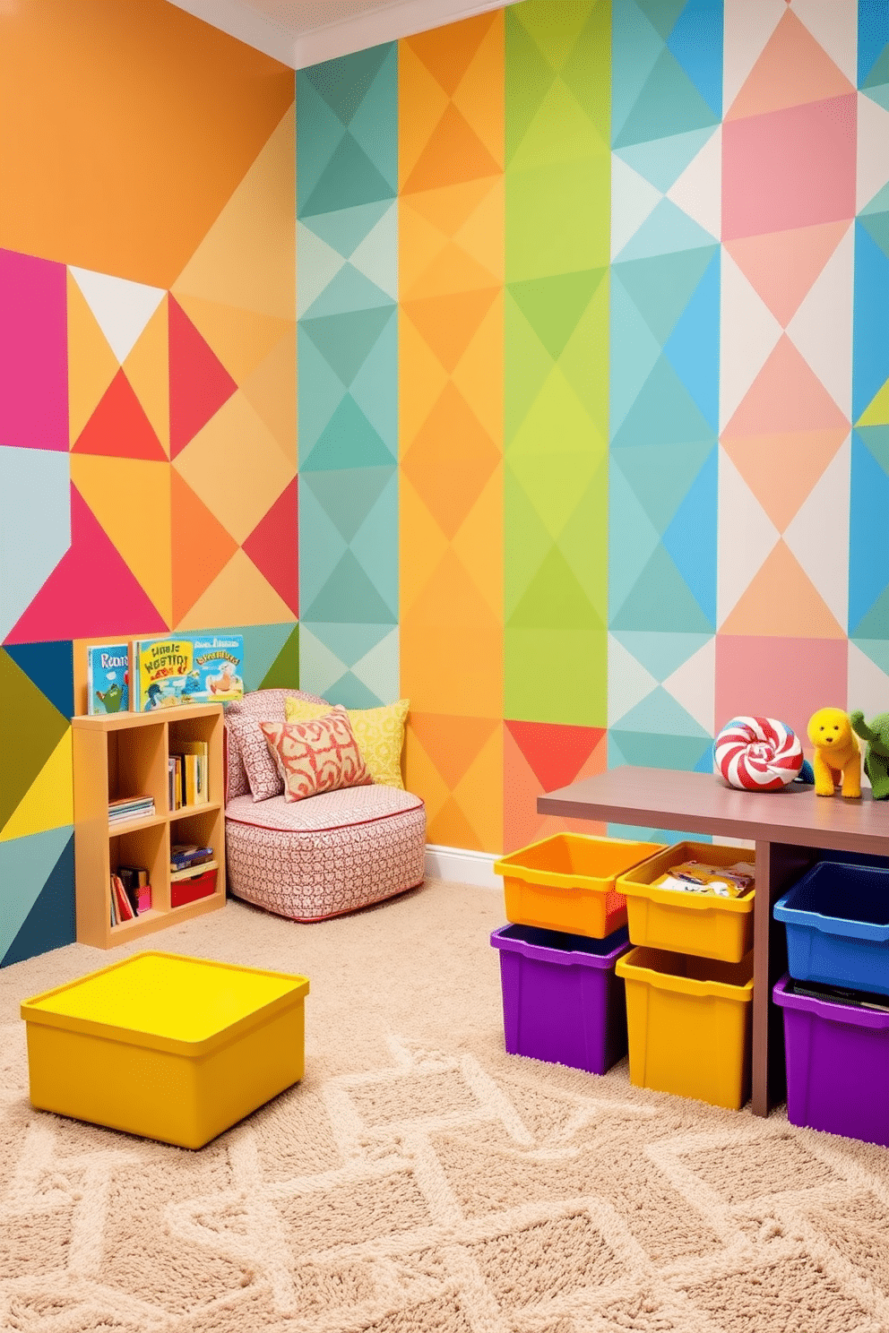 A vibrant playroom featuring colorful geometric wall patterns that create a lively atmosphere. The flooring is a soft, plush carpet in a neutral tone, providing comfort for playtime. In one corner, a cozy reading nook is adorned with oversized cushions and a small bookshelf filled with children's books. Brightly colored storage bins are neatly arranged, offering a playful yet organized space for toys and games.