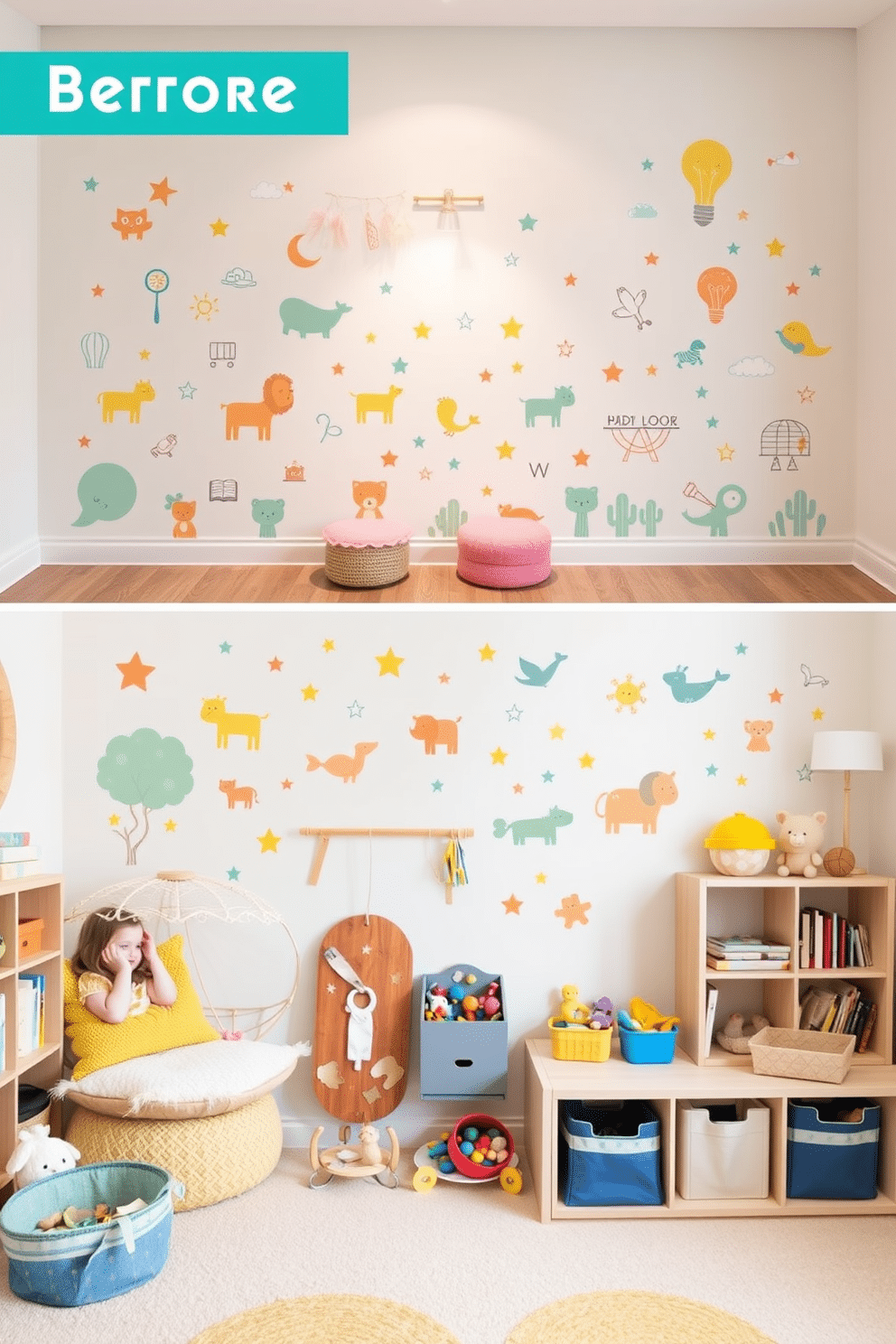 Interactive wall decals that transform a child's playroom into a vibrant and engaging space. These decals feature playful designs such as animals, stars, and educational themes that encourage creativity and interaction. The playroom is designed with a soft color palette, incorporating light blues and yellows to create a calming atmosphere. Cozy seating areas with plush cushions invite children to read and explore, while a variety of toys are neatly organized in stylish storage solutions.