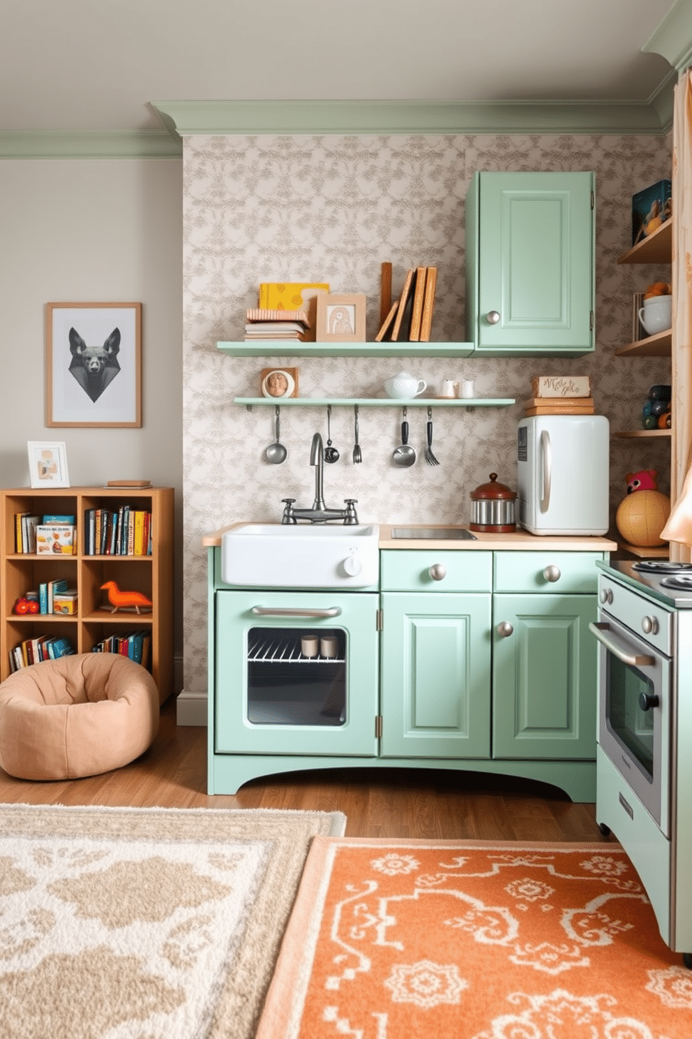 A charming vintage-inspired play kitchen features a pastel color palette with mint green cabinets and a classic white farmhouse sink. The kitchen is adorned with retro-style appliances, including a small refrigerator and a stove, all set against a backdrop of playful wallpaper with whimsical patterns. The sophisticated playroom design includes a cozy reading nook with plush bean bags and a bookshelf filled with colorful children's books. Elegant rugs define the play areas, while soft lighting and wall art create an inviting atmosphere for creativity and play.