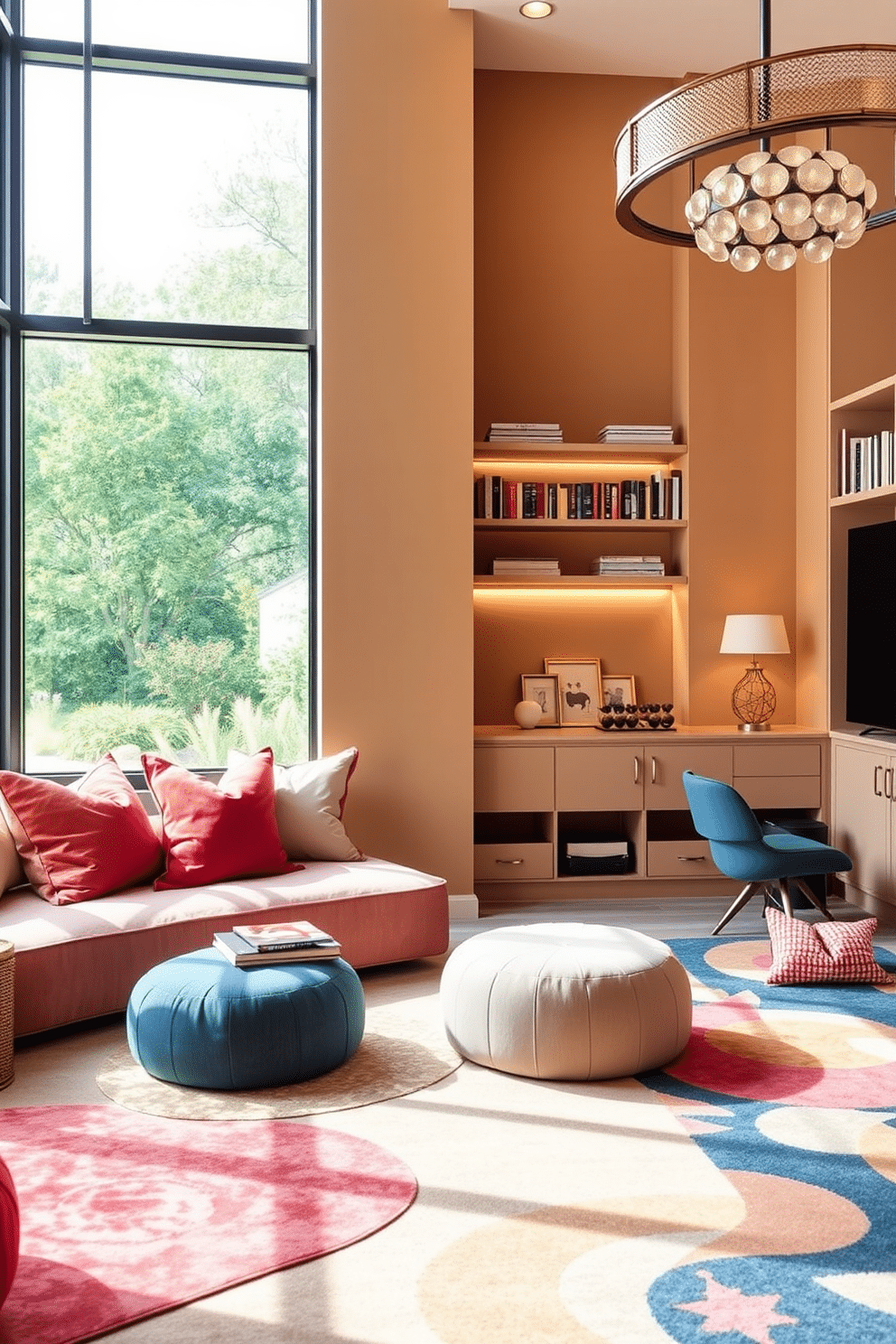 A cozy reading nook featuring soft, plush seating in a warm, inviting color palette. Large windows allow natural light to filter in, illuminating a collection of books on floating shelves nearby. A sophisticated playroom designed with elegant yet playful elements. The space includes stylish storage solutions, vibrant rugs, and comfortable seating areas that encourage creativity and fun.