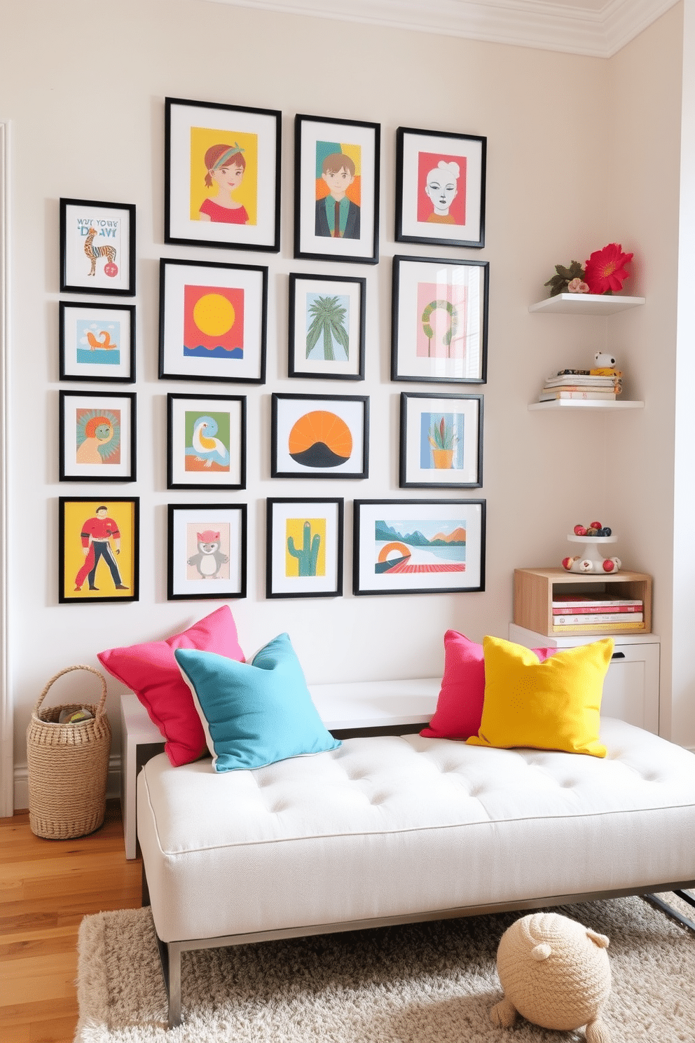 Bright art gallery wall for inspiration. The wall features an eclectic mix of colorful artwork in various sizes, framed in sleek black and white frames. A minimalist bench sits below, adorned with vibrant cushions, inviting visitors to sit and admire the art. Sophisticated playroom design ideas. The space incorporates a soft color palette of pastels, with a plush area rug anchoring the room. Stylish storage solutions blend seamlessly with playful decor, creating an environment that is both functional and visually appealing.