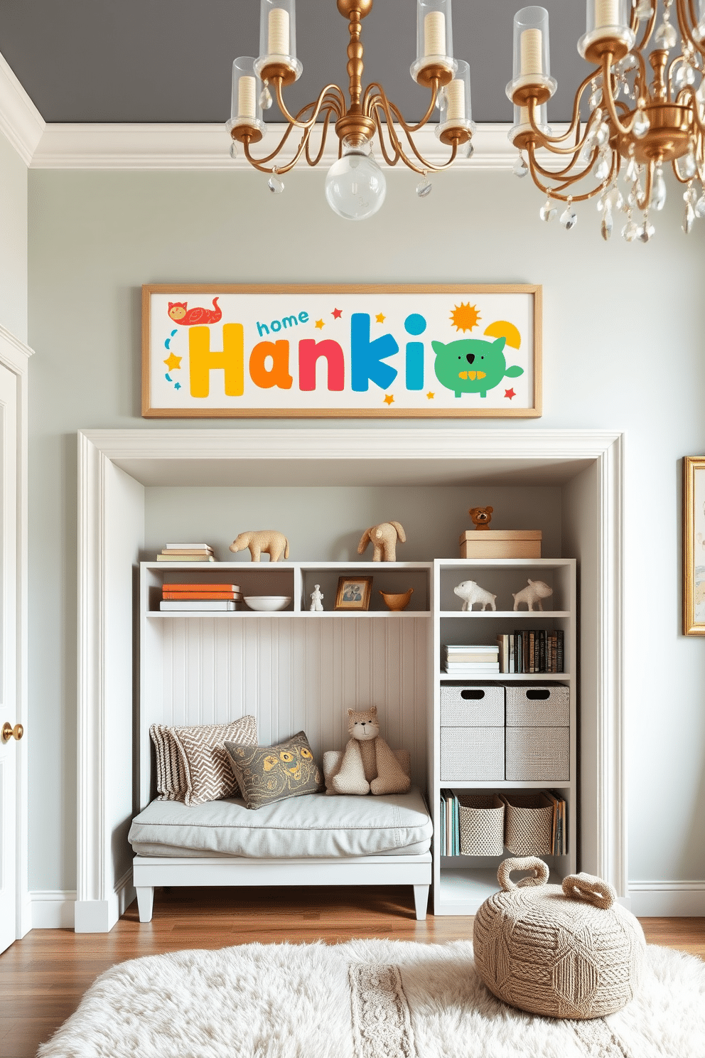 A personalized name wall art piece for kids features playful typography in vibrant colors, surrounded by whimsical illustrations of their favorite animals and shapes. The artwork is framed in a light wood frame that complements the room's decor, creating a focal point above a cozy reading nook. The sophisticated playroom design incorporates elegant furniture pieces that blend style and functionality, such as a plush area rug and a chic storage unit for toys. Soft pastel colors dominate the walls, while a statement chandelier adds a touch of glamour to the space, making it both inviting and refined.