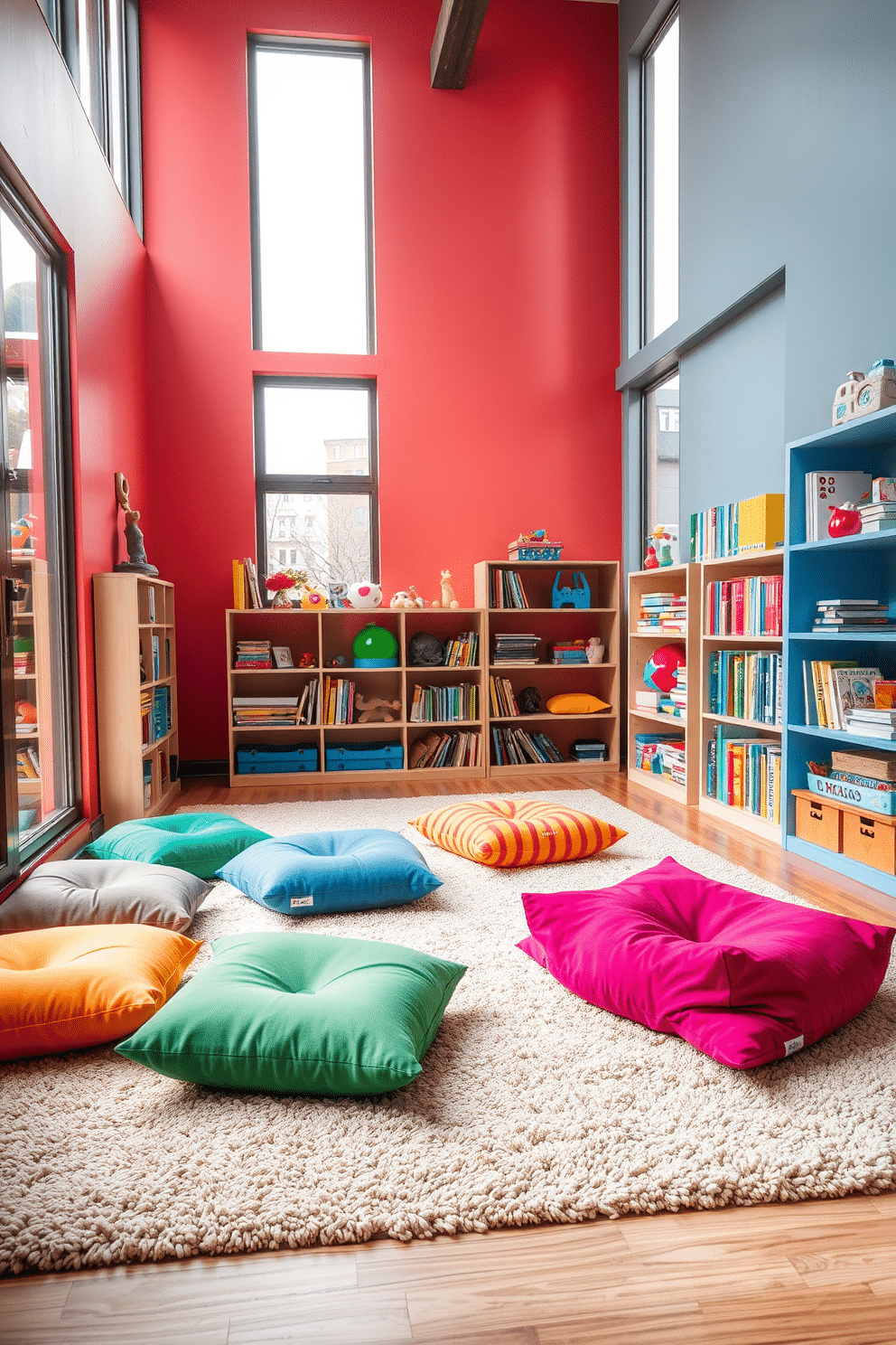 A cozy playroom designed for relaxation and creativity. The space features colorful floor cushions scattered across a soft, textured rug, inviting children to sit and play comfortably. Brightly colored walls create an energetic atmosphere, while large windows allow natural light to illuminate the room. Shelves filled with books and toys are neatly organized, encouraging imaginative play and easy access.