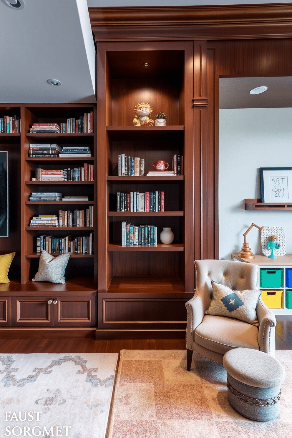 Elegant built-in bookshelves for storage. The shelves are crafted from rich mahogany, seamlessly integrated into the wall, with a combination of open and closed storage spaces. Soft, warm lighting highlights the collection of books and decorative items, while a cozy reading nook with a plush armchair sits nearby, inviting relaxation. Sophisticated Playroom Design Ideas. The playroom features a stylish blend of vibrant colors and soft textures, with a large area rug providing a comfortable space for play. Custom storage solutions, including built-in benches and colorful bins, keep toys organized, while a creative art corner encourages artistic expression.