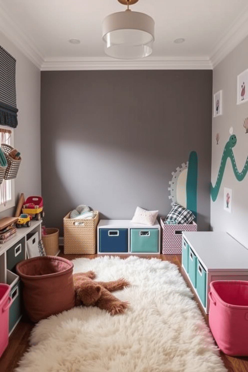 A chic playroom featuring decorative storage solutions for toys. Colorful baskets and stylish bins are neatly arranged along the walls, providing an organized yet playful atmosphere. Soft, plush rugs cover the floor, creating a cozy area for children to play. A whimsical mural adorns one wall, adding a touch of creativity and fun to the sophisticated design.