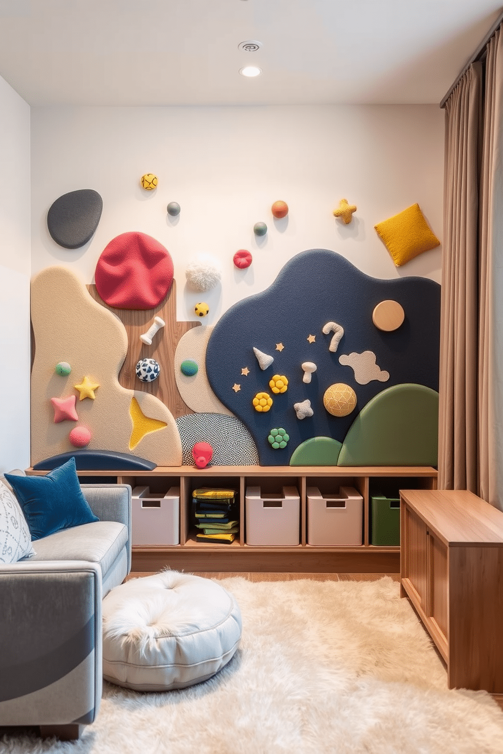 A creative sensory wall designed for tactile exploration features a variety of textures including soft fabrics, smooth wood, and bumpy rubber elements. Bright colors and engaging shapes invite children to touch and interact, fostering sensory development and creativity. The sophisticated playroom design incorporates elegant furniture with playful accents, such as a plush area rug and stylish storage solutions. Soft lighting and calming colors create an inviting atmosphere, making it a perfect space for both play and relaxation.