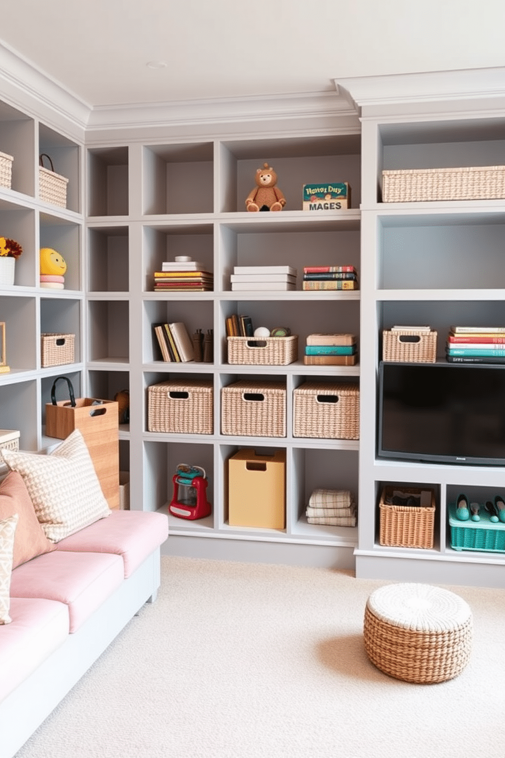 A stylish playroom designed for both fun and organization features built-in shelves painted in soft pastel colors, creating a harmonious look. Plush seating in coordinating hues encourages comfort, while decorative baskets provide clever storage solutions for toys and games. Color-coordinated storage units line the walls, offering a seamless blend of functionality and aesthetics. Each unit is thoughtfully arranged to enhance the playful atmosphere while maintaining a tidy and organized space.