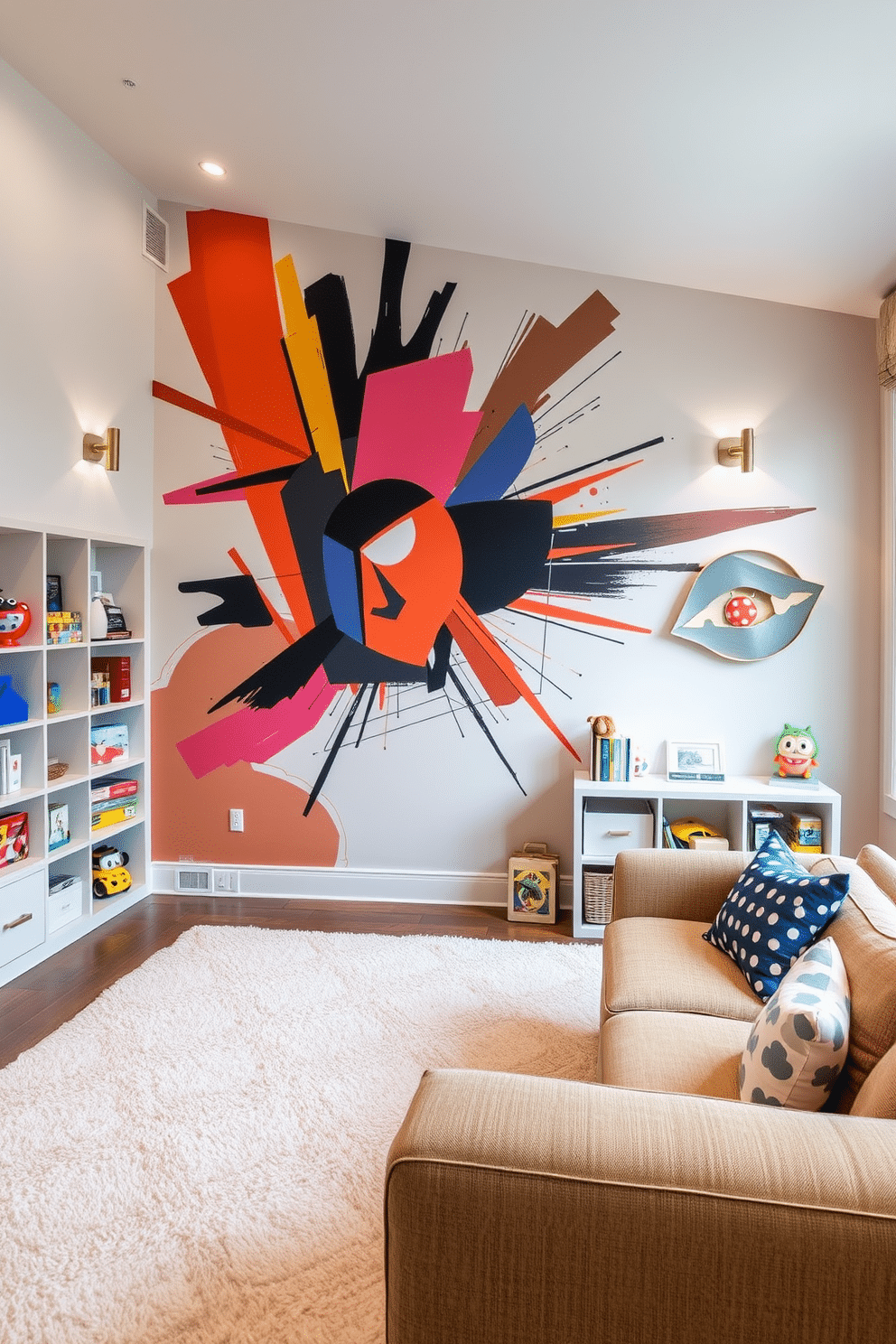 Artistic mural for a focal point. The mural features a vibrant, abstract design that incorporates bold colors and dynamic shapes, drawing the eye and creating a stunning backdrop for the room. Surrounding the mural, the walls are painted in a soft, neutral tone to enhance the artwork, while stylish lighting fixtures highlight the mural's details. Sophisticated Playroom Design Ideas. The playroom combines playful elements with elegant finishes, featuring a plush area rug in a geometric pattern and custom-built shelving filled with curated toys. Soft, ambient lighting creates a warm atmosphere, while a dedicated reading nook with comfortable seating encourages quiet time amidst the playful decor.