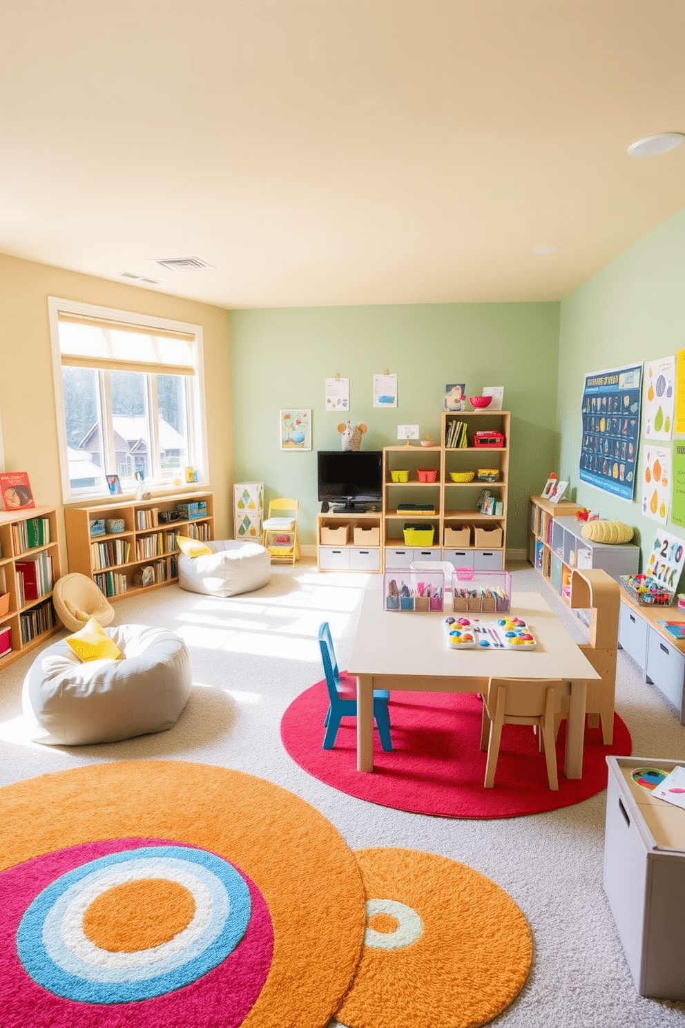 A vibrant playroom designed for interactive play zones features distinct areas for various activities, including a cozy reading nook with plush bean bags and a colorful bookshelf filled with children's books. Adjacent to this space, a creative arts and crafts corner boasts a large table, art supplies neatly organized, and bright wall decals to inspire creativity. The playroom is accented with playful, soft rugs that define each activity zone, while large windows allow natural light to flood the room, enhancing the cheerful atmosphere. Walls are painted in a soothing pastel palette, complemented by playful artwork and educational posters that engage young minds.