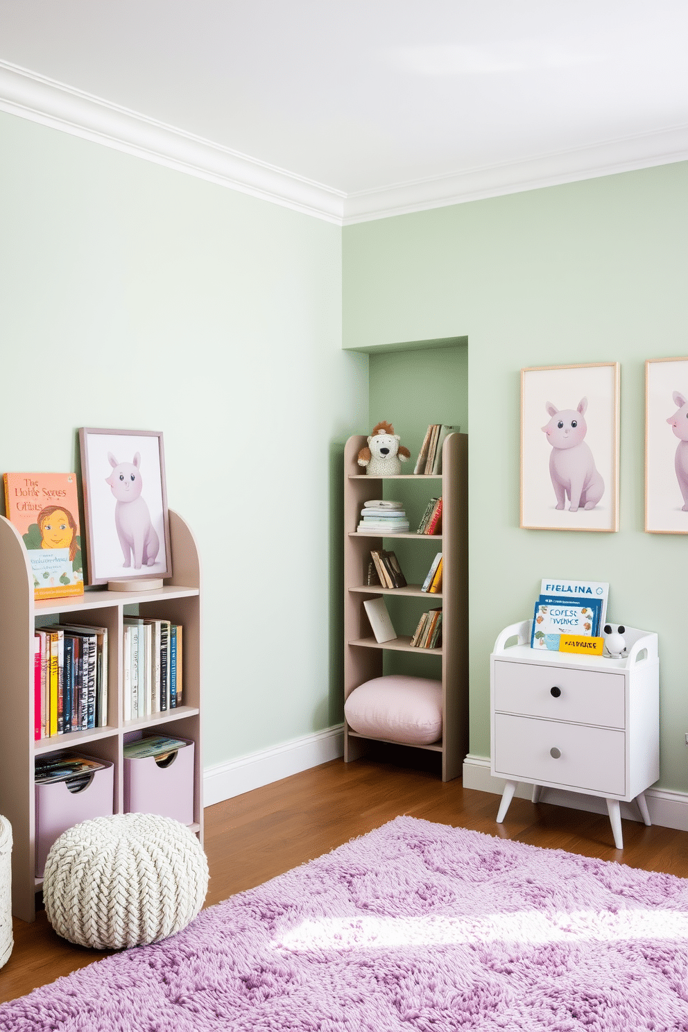 A sophisticated playroom design featuring soft pastel colors creates a serene and inviting atmosphere. The walls are painted in a gentle mint green, complemented by a plush lavender rug that anchors the space. A cozy reading nook is nestled in one corner, adorned with pastel cushions and a stylish bookshelf filled with colorful children's books. Playful artwork in soft hues decorates the walls, adding a touch of whimsy to the overall design.