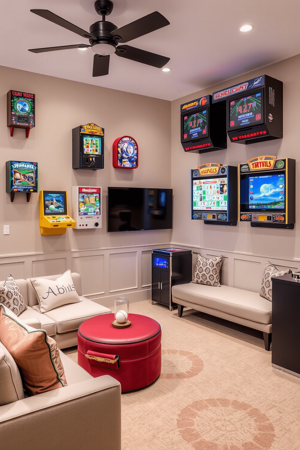 A unique playroom features wall-mounted games that provide both entertainment and a stylish focal point. The walls are adorned with colorful, interactive games, while plush seating and playful decor create an inviting atmosphere. Incorporating sophisticated design elements, the playroom blends functionality with elegance. Soft lighting and a neutral color palette enhance the space, making it perfect for both children and adults to enjoy.