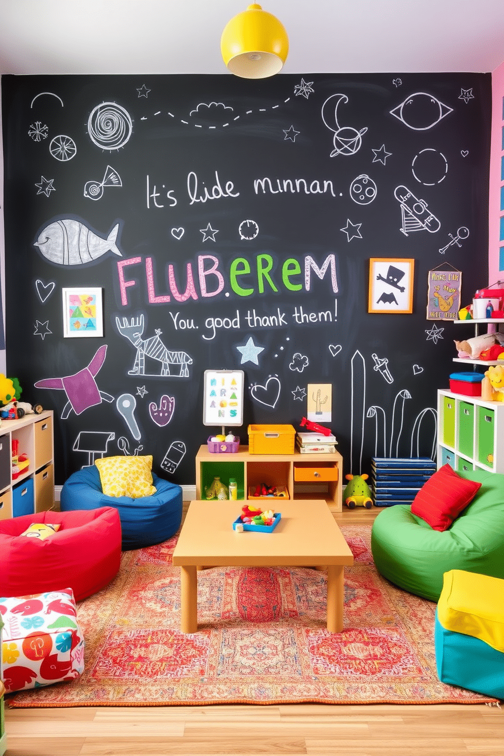 A vibrant playroom features an artistic chalkboard wall that invites creativity and self-expression. The space is filled with colorful furniture, including bean bags and a low table, encouraging playful interactions. The room is adorned with whimsical artwork and playful decor that stimulate imagination. Soft, durable rugs provide comfort underfoot, while ample storage solutions keep toys organized and accessible.