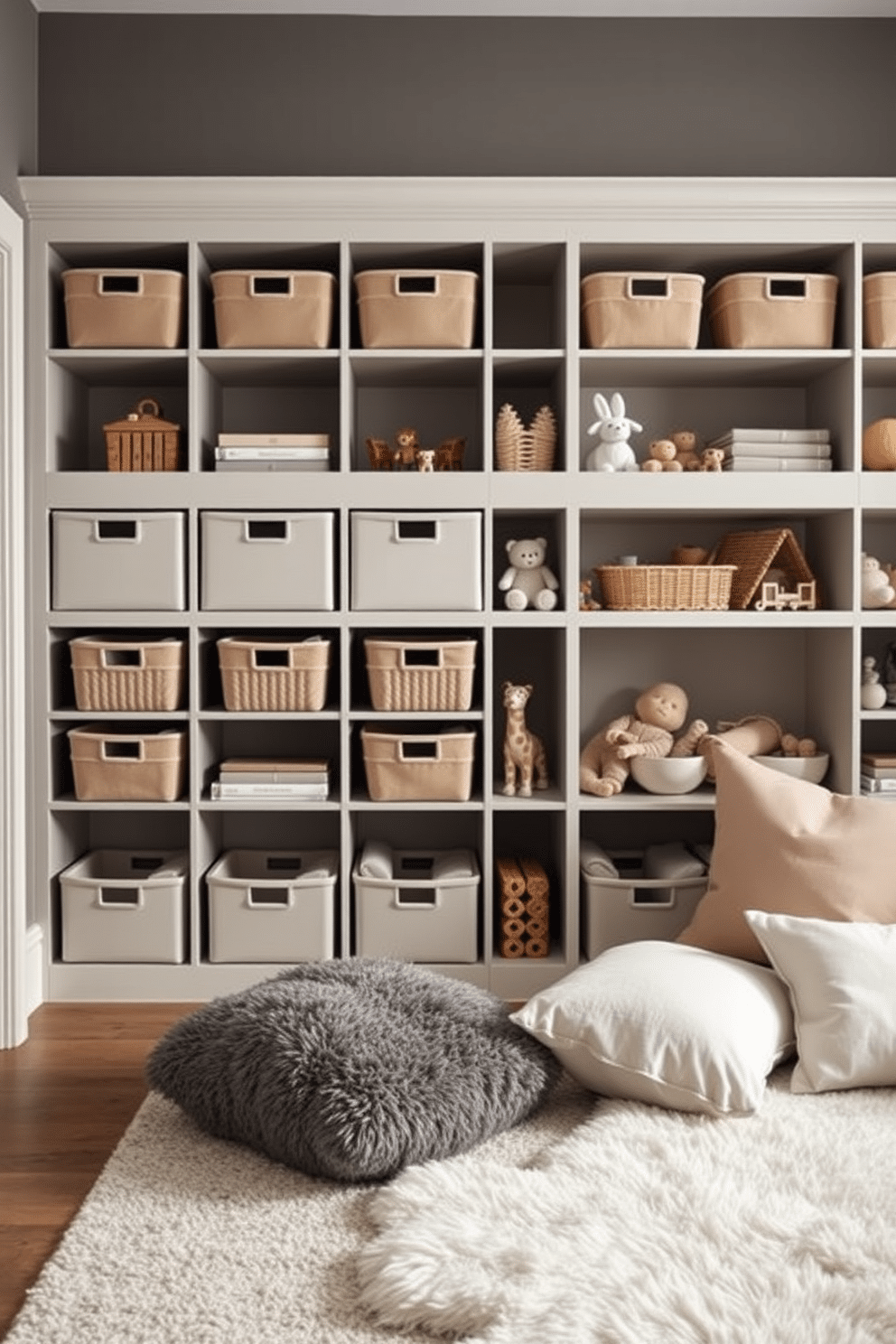 A modern playroom features sleek toy storage solutions with decorative bins that blend seamlessly into the decor. The bins are crafted from natural materials, arranged neatly on open shelving, creating an organized yet playful atmosphere. Soft, muted colors dominate the space, with plush rugs providing comfort underfoot. A stylish seating area with oversized cushions invites children to relax and engage in creative play.