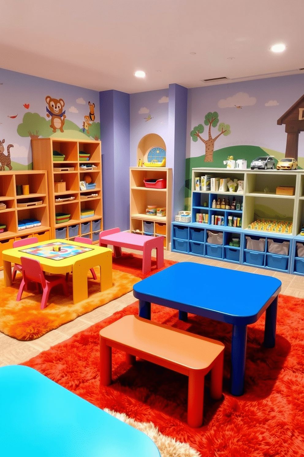 A custom playroom designed for various activities features a series of vibrant play tables, each tailored for specific tasks like art, building, and games. The walls are adorned with colorful murals, and soft, plush rugs cover the floor to create a warm and inviting atmosphere. The play tables are crafted from durable materials, showcasing bright colors and fun shapes to engage children's imaginations. Storage solutions are integrated seamlessly, with shelves and bins to keep toys and supplies organized and easily accessible.