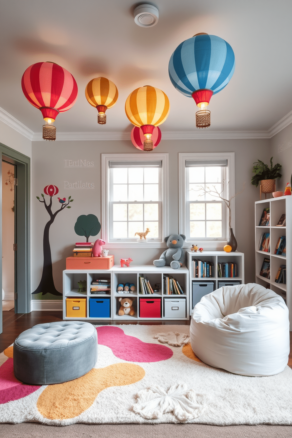 A whimsical playroom featuring unique ceiling lights that resemble colorful hot air balloons, casting a warm glow throughout the space. The walls are adorned with playful murals of animals and trees, while a soft, plush rug in vibrant colors invites children to sit and play. Incorporating sophisticated design elements, the playroom includes stylish storage solutions disguised as furniture, such as a chic ottoman that opens for toy storage. A cozy reading nook with a modern bookshelf filled with children's books and a comfortable bean bag chair creates an inviting atmosphere for relaxation and creativity.