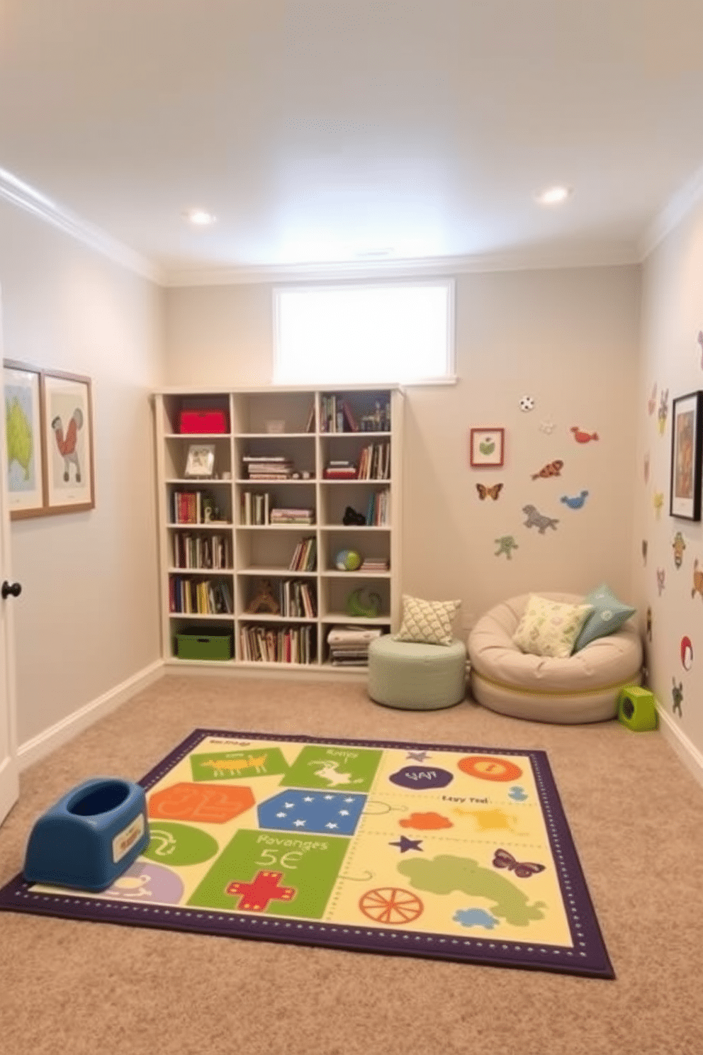 A sophisticated playroom designed with a neutral color palette, featuring soft beige walls and light gray carpeting. Bright accents in the form of colorful cushions, artwork, and playful decor pieces bring energy and vibrancy to the space. In one corner, a custom-built bookshelf displays an array of children's books and toys, while a cozy reading nook with a plush bean bag invites relaxation. A large, interactive play mat covers the floor, providing a safe area for play, surrounded by cheerful wall decals that inspire creativity and fun.