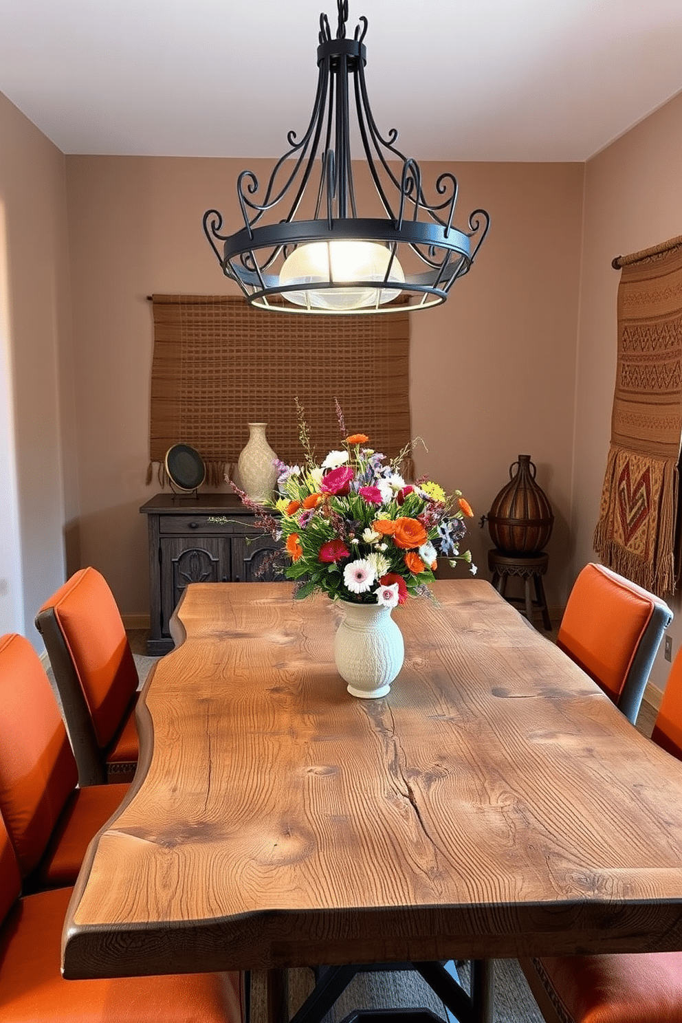 A rustic wood dining table is adorned with a vibrant centerpiece featuring a mix of wildflowers in a textured ceramic vase. The surrounding chairs are upholstered in warm, earthy tones, complementing the natural wood grain of the table. The walls are painted in a soft adobe hue, and woven textiles hang on the walls, adding depth and warmth to the space. A striking chandelier made of wrought iron illuminates the room, casting a cozy glow over the dining area.