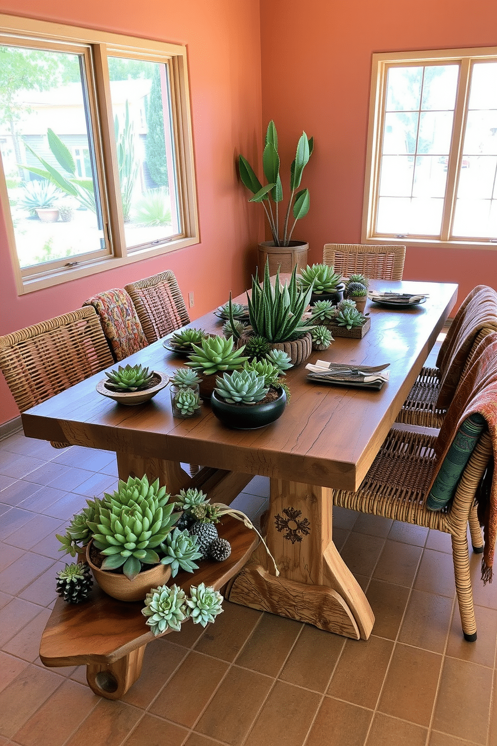 A rustic dining table made of reclaimed wood is adorned with an array of succulent centerpieces in varying sizes and textures. The table is surrounded by woven chairs that complement the earthy tones of the succulents, creating a warm and inviting atmosphere. The walls are painted in a soft terracotta hue, enhancing the Southwestern theme, while colorful woven textiles are draped over the chairs. Natural light floods the space through large windows, illuminating the vibrant greens and rich browns of the decor.