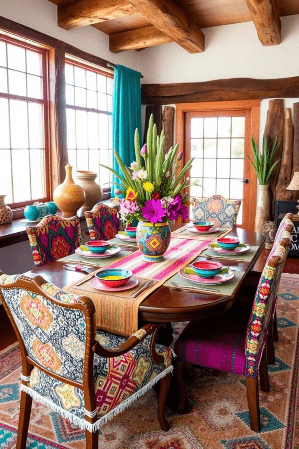 A vibrant dining room featuring an eclectic mix of brightly colored tableware, including hand-painted ceramic plates and woven textiles as table runners. The walls are adorned with rustic wooden accents, and the table is set with a stunning centerpiece of desert flowers in a colorful vase, creating a warm and inviting atmosphere. The dining chairs are upholstered in bold patterns that reflect Southwestern motifs, complemented by a handmade rug with geometric designs underfoot. Large windows allow natural light to flood the space, highlighting the rich colors and textures that celebrate the essence of Southwestern design.