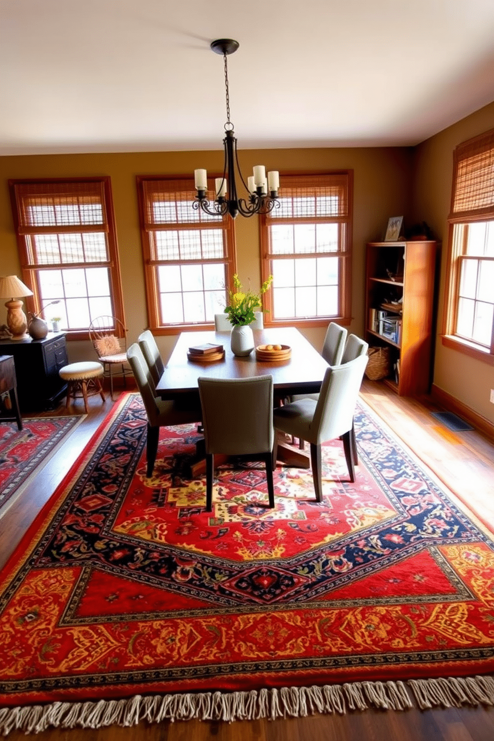 A cozy Southwestern dining room features layered rugs in warm earth tones, creating a welcoming atmosphere. The main rug, with intricate geometric patterns, is topped with a smaller, softer rug for added texture and comfort. The dining table is a rustic wooden piece surrounded by upholstered chairs that echo the vibrant colors of the rugs. Natural light floods the space through large windows adorned with woven shades, enhancing the inviting ambiance.