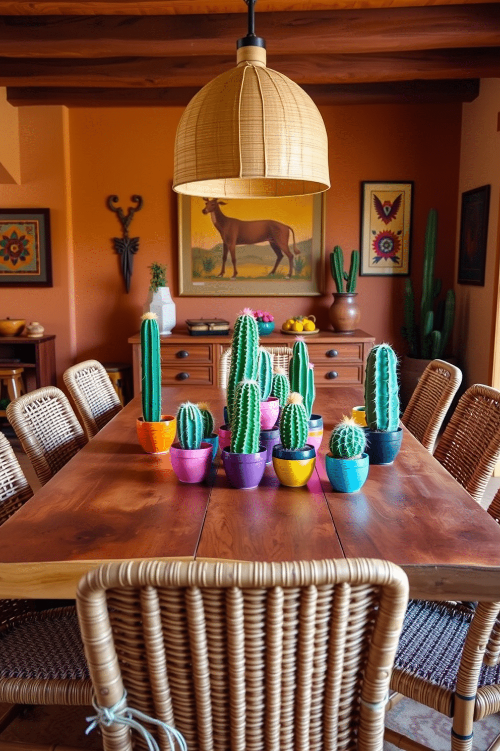 A vibrant southwestern dining room features a rustic wooden table adorned with unique cactus plants as table decorations. The cacti are displayed in colorful ceramic pots, adding a touch of greenery and character to the warm, earthy tones of the room. Surrounding the table, woven chairs with soft cushions invite guests to sit and enjoy the ambiance. The walls are decorated with traditional southwestern art, and a large pendant light hangs overhead, casting a cozy glow over the space.