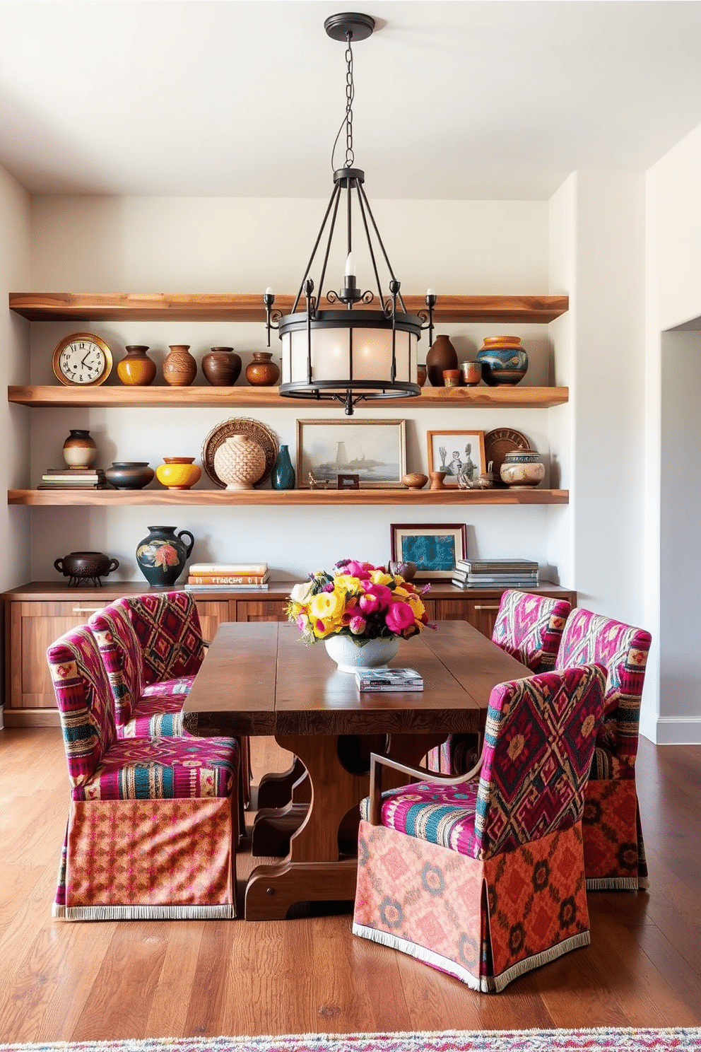 Open shelving elegantly showcases a curated collection of southwestern decor, featuring vibrant pottery and woven textiles. The shelves are crafted from reclaimed wood, adding warmth and authenticity to the space. The dining room is anchored by a rustic wooden table surrounded by colorful upholstered chairs, each adorned with traditional southwestern patterns. A statement chandelier, inspired by native designs, hangs above, casting a warm glow over the inviting atmosphere.