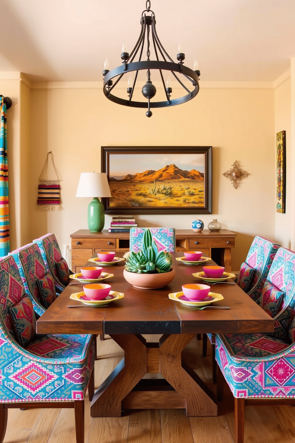 A vibrant Southwestern dining room featuring a rustic wooden table surrounded by colorful upholstered chairs with geometric patterns. Metal accents, such as a wrought iron chandelier and decorative wall art, add a modern twist to the warm, earthy tones of the space. The walls are adorned with handwoven textiles and a large, framed landscape painting that reflects the Southwestern desert. A centerpiece of succulents and cacti in a terracotta pot sits on the table, complemented by colorful dinnerware that enhances the inviting atmosphere.