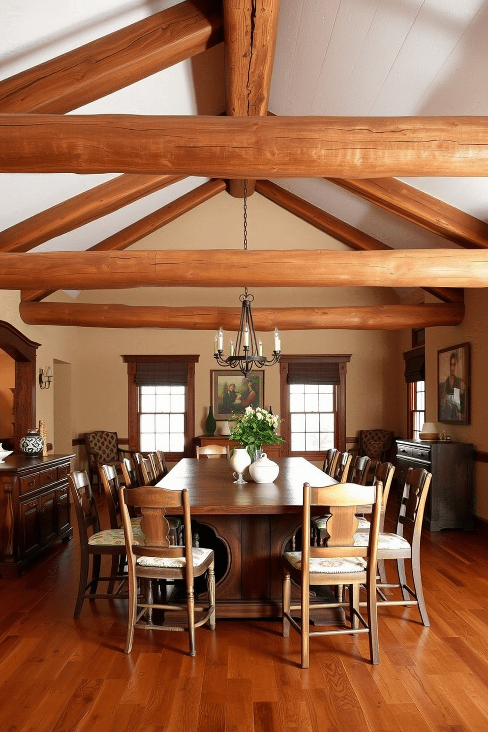 A warm and inviting dining room features rustic wooden beams that stretch across the ceiling, adding character and charm to the space. The walls are adorned with earthy tones, while a large wooden dining table is surrounded by mismatched chairs that reflect Southwestern design influences.